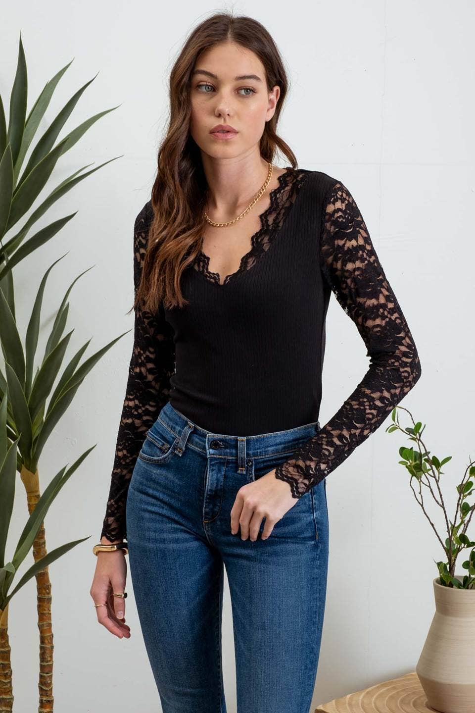 Lace Trim V Neck Top