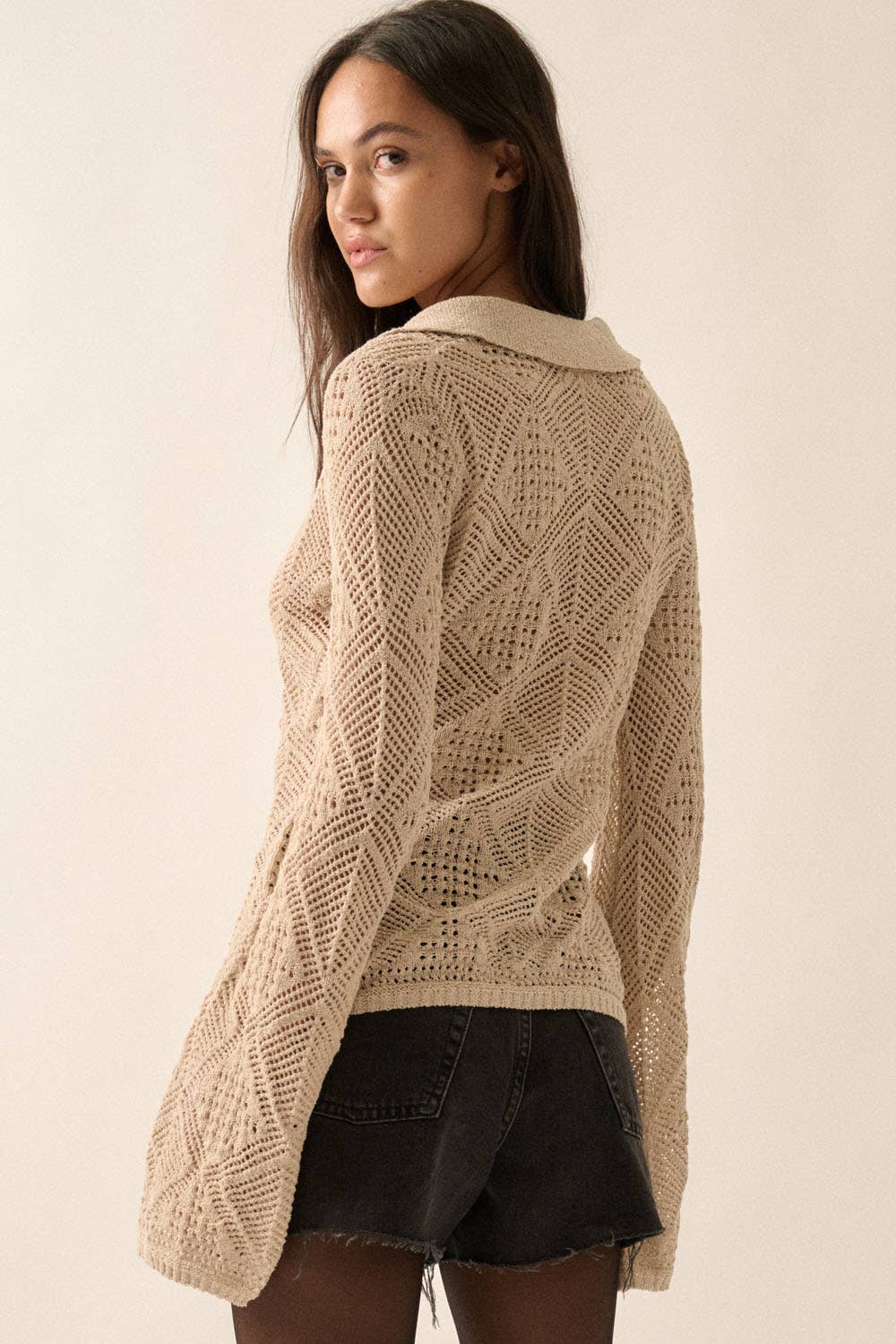 Pointelle Bell-Sleeve Cardigan