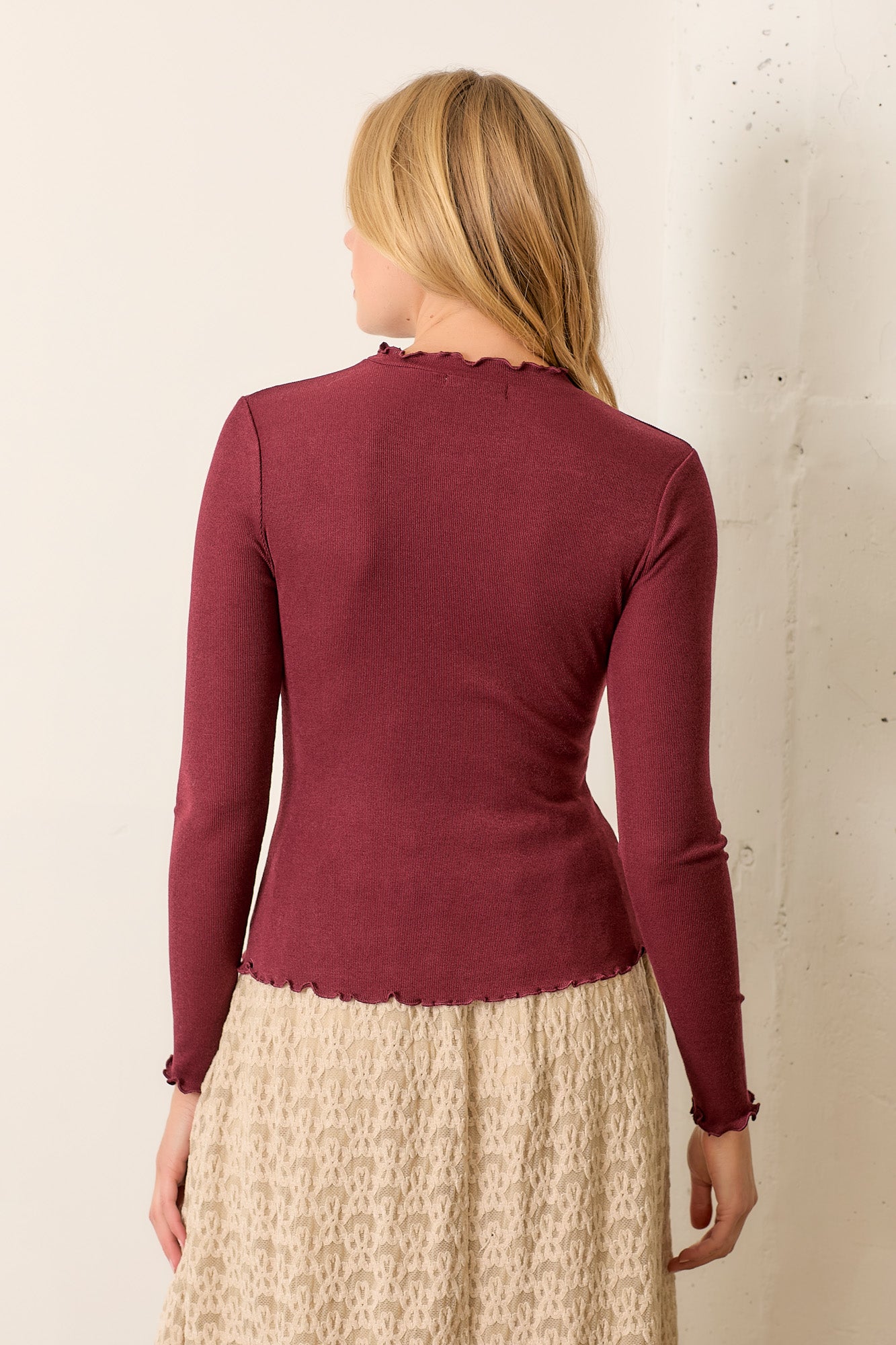 Maroon Lettuce Edge Long Sleeve Top