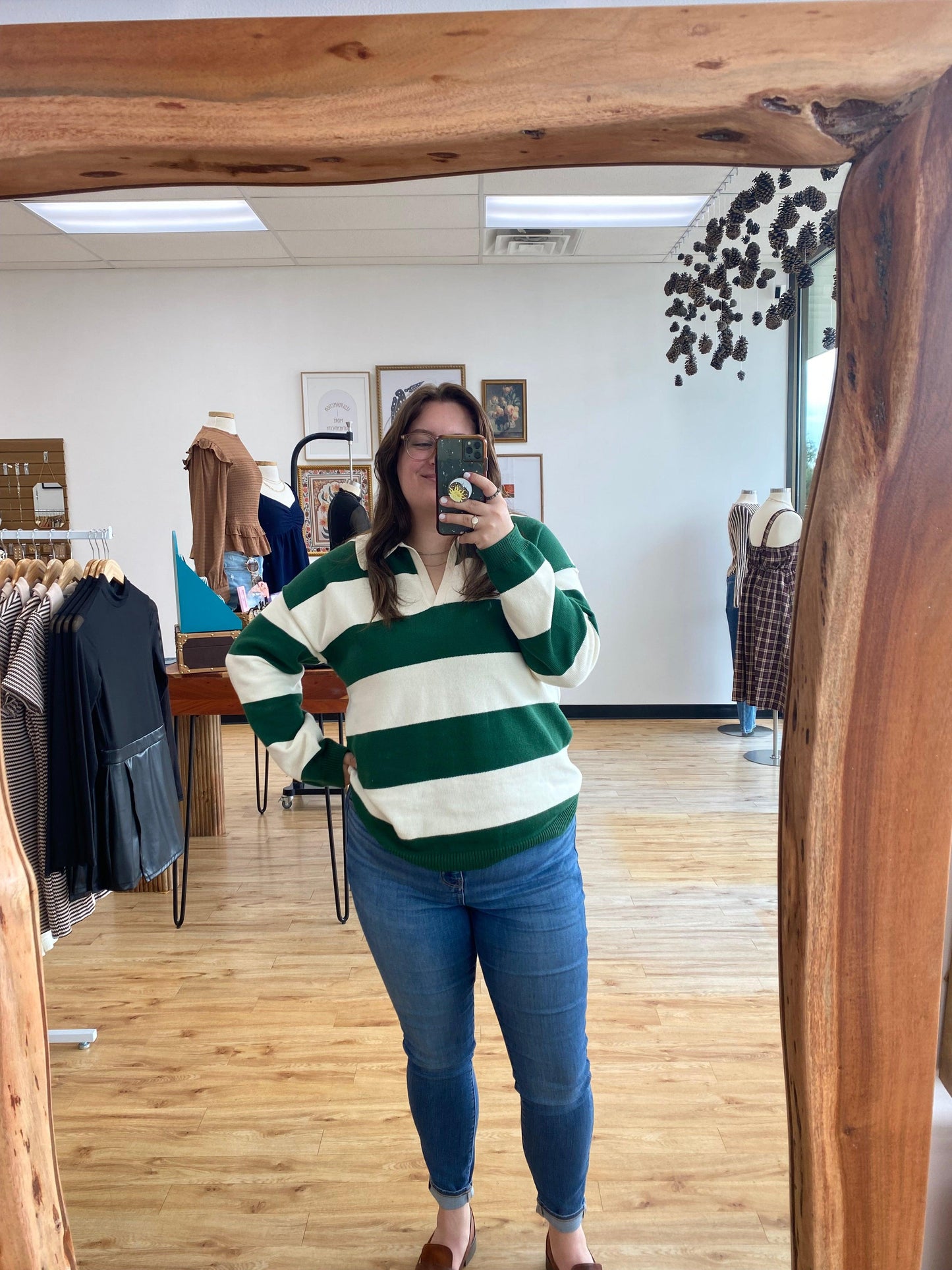 Green Striped Long Sleeve Top