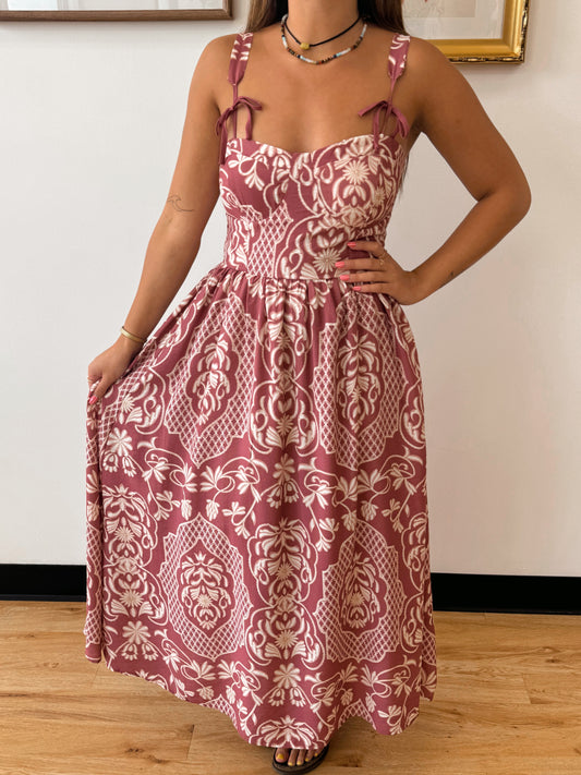 Floral Damask Bow Strap Midi Dress Dress