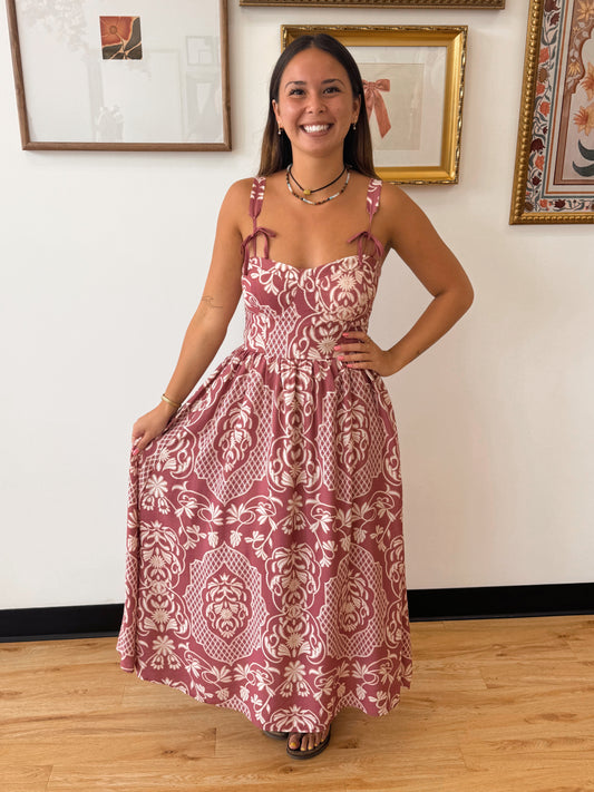 Floral Damask Bow Strap Midi Dress Dress