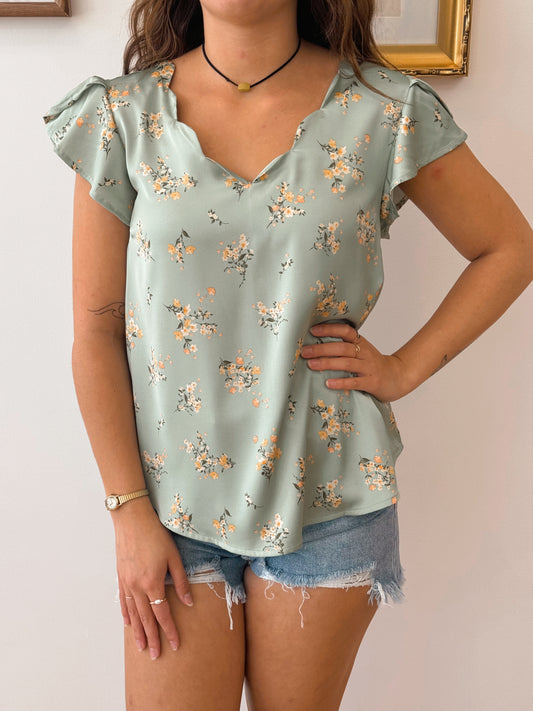 Floral Satin Scallop Neck Blouse Shirts & Tops
