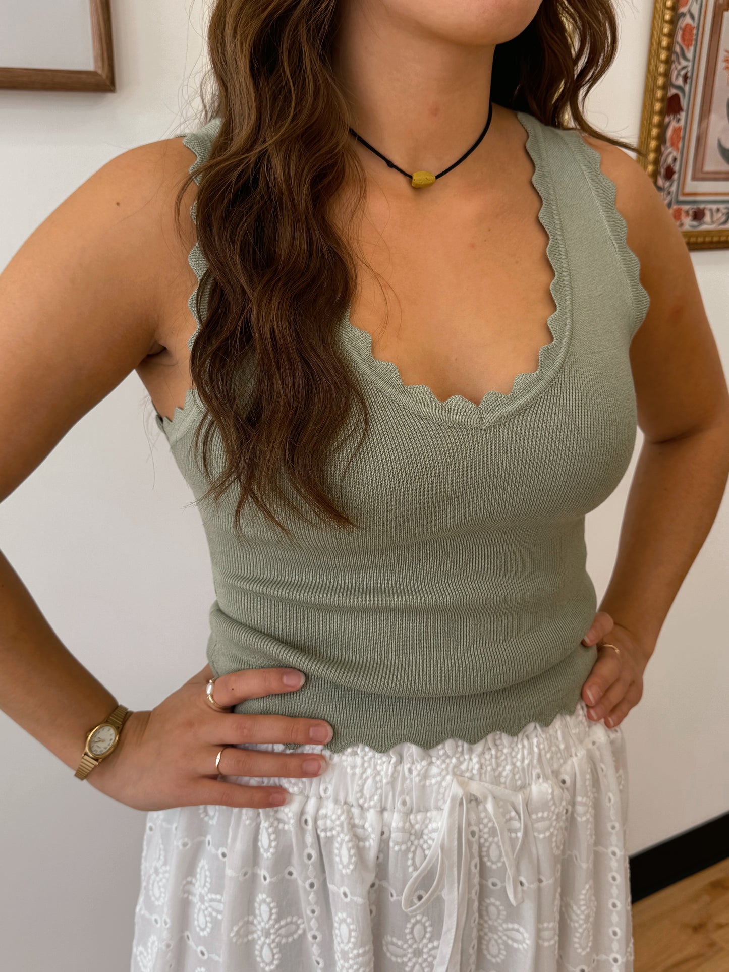 Scallop Edge Ribbed Tank Top Sage Green Shirts & Tops