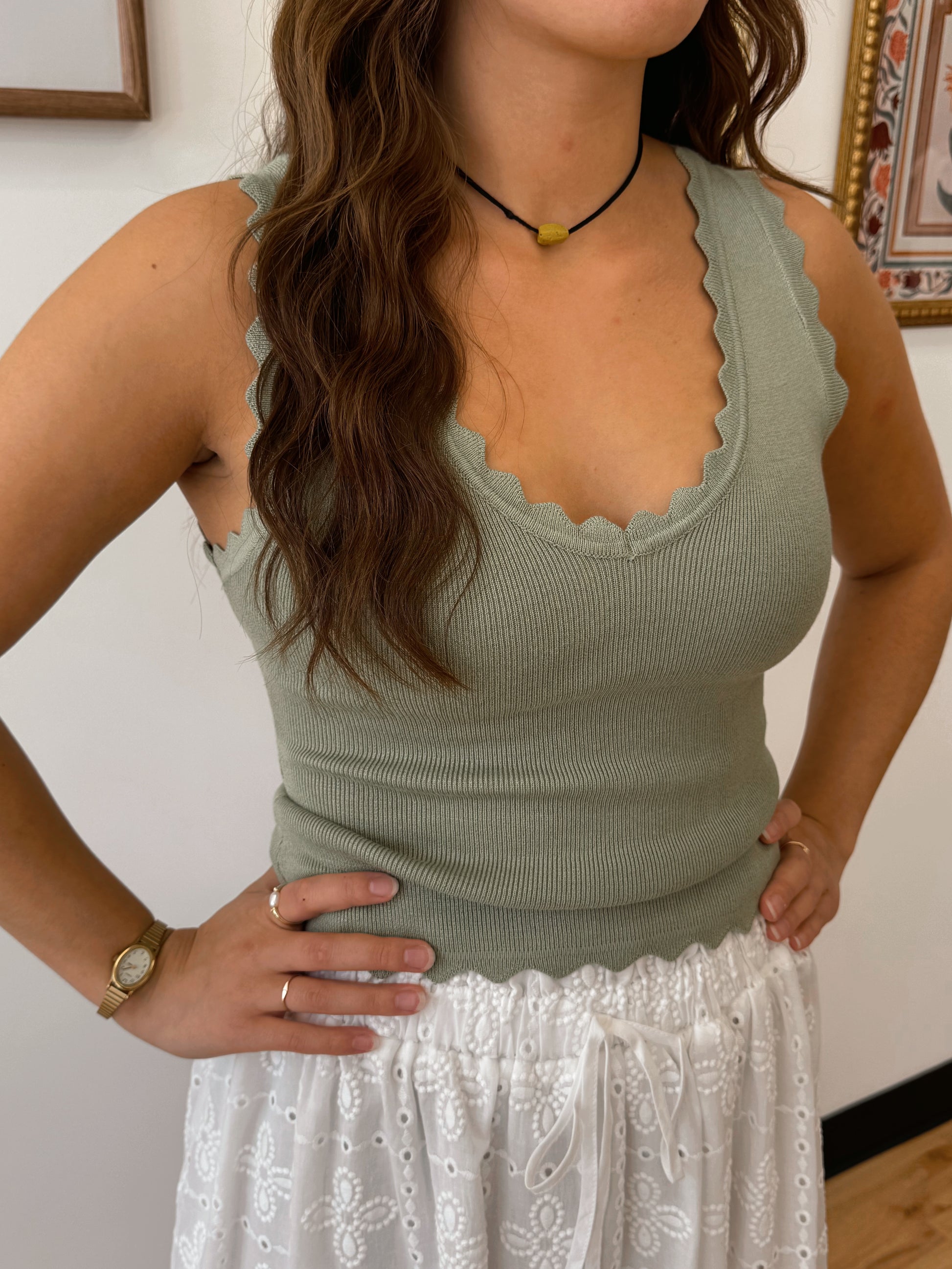 Scallop Edge Ribbed Tank Top Sage Green Shirts & Tops