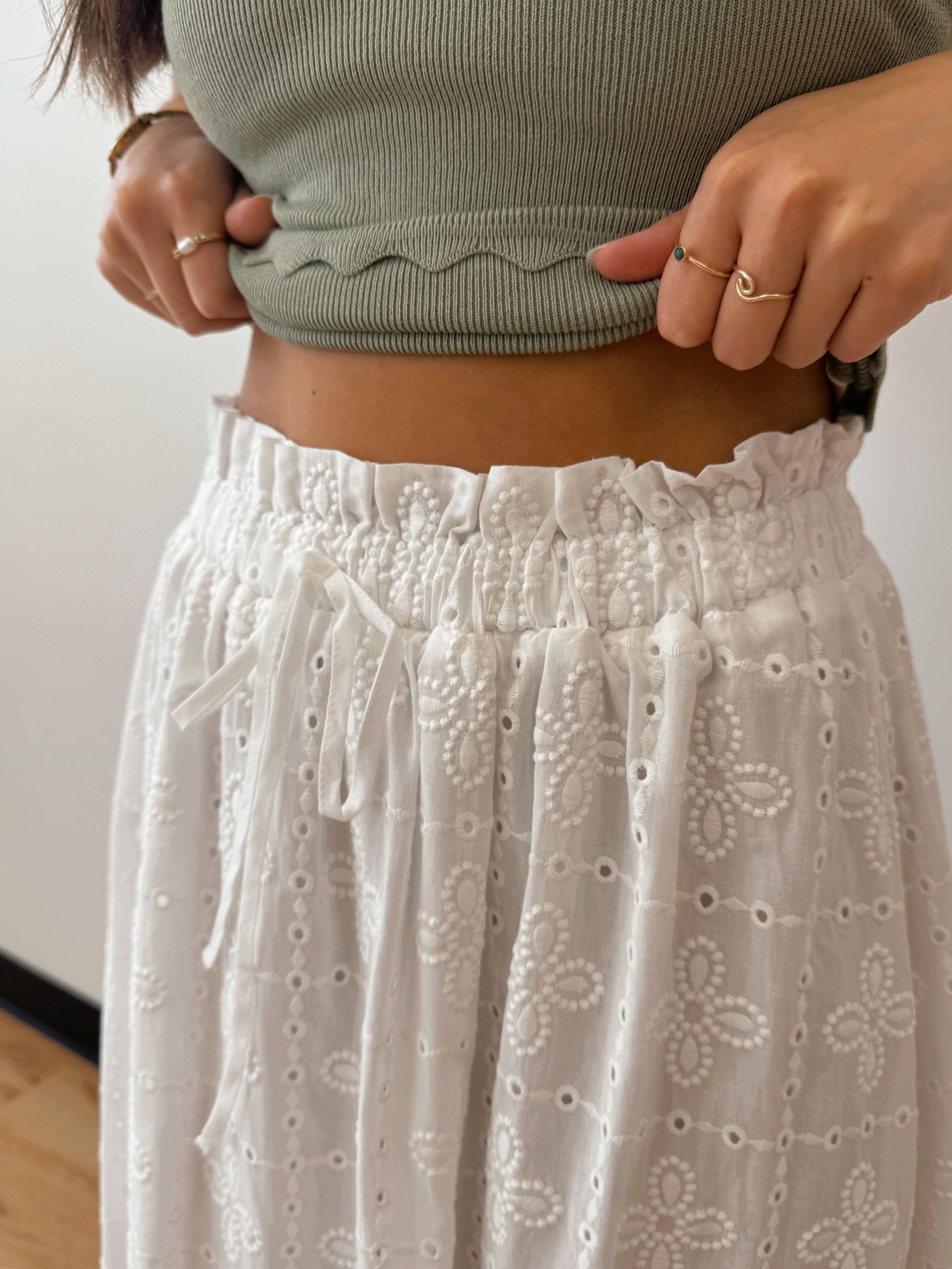 White Eyelet Midi Skirt Bottoms