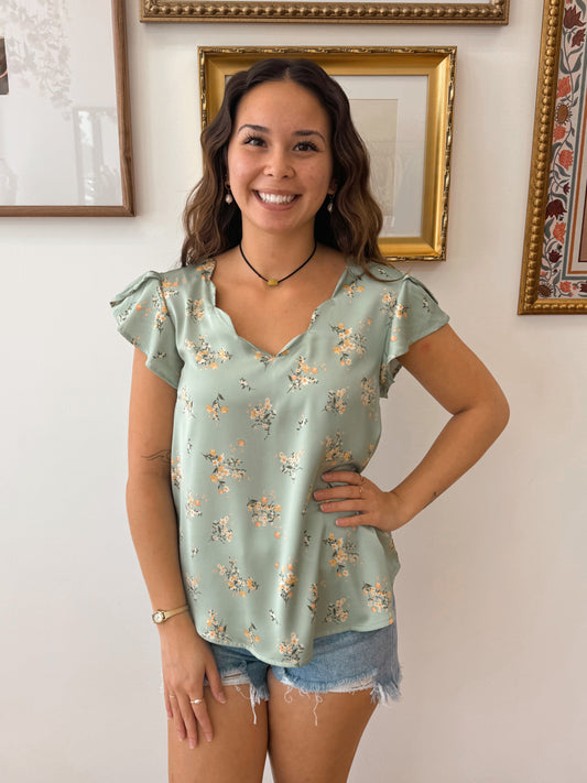 Floral Satin Scallop Neck Blouse Shirts & Tops