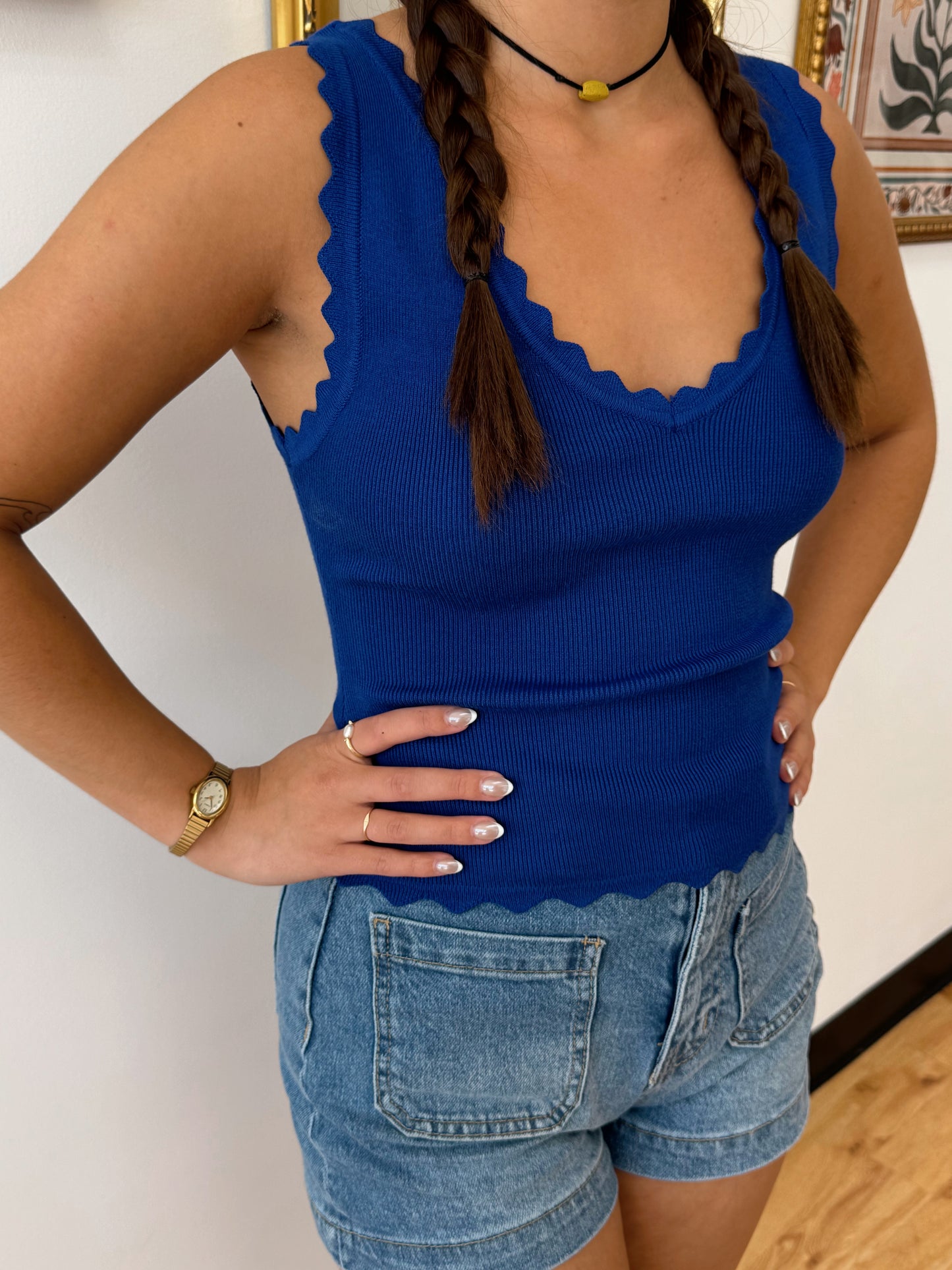 Scallop Edge Ribbed Tank Top Royal Blue Shirts & Tops