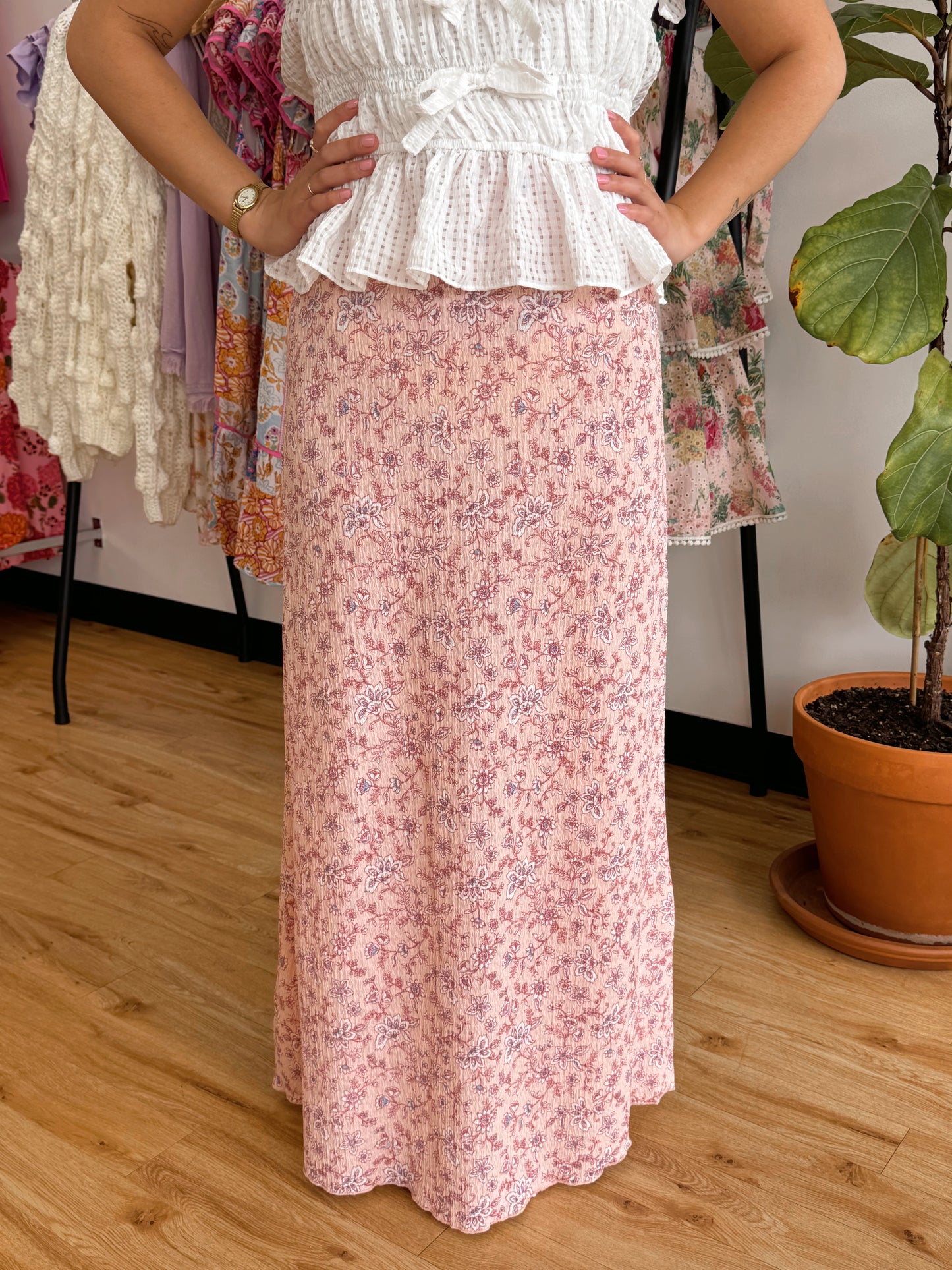 Textured Floral Midi Skirt Bottoms