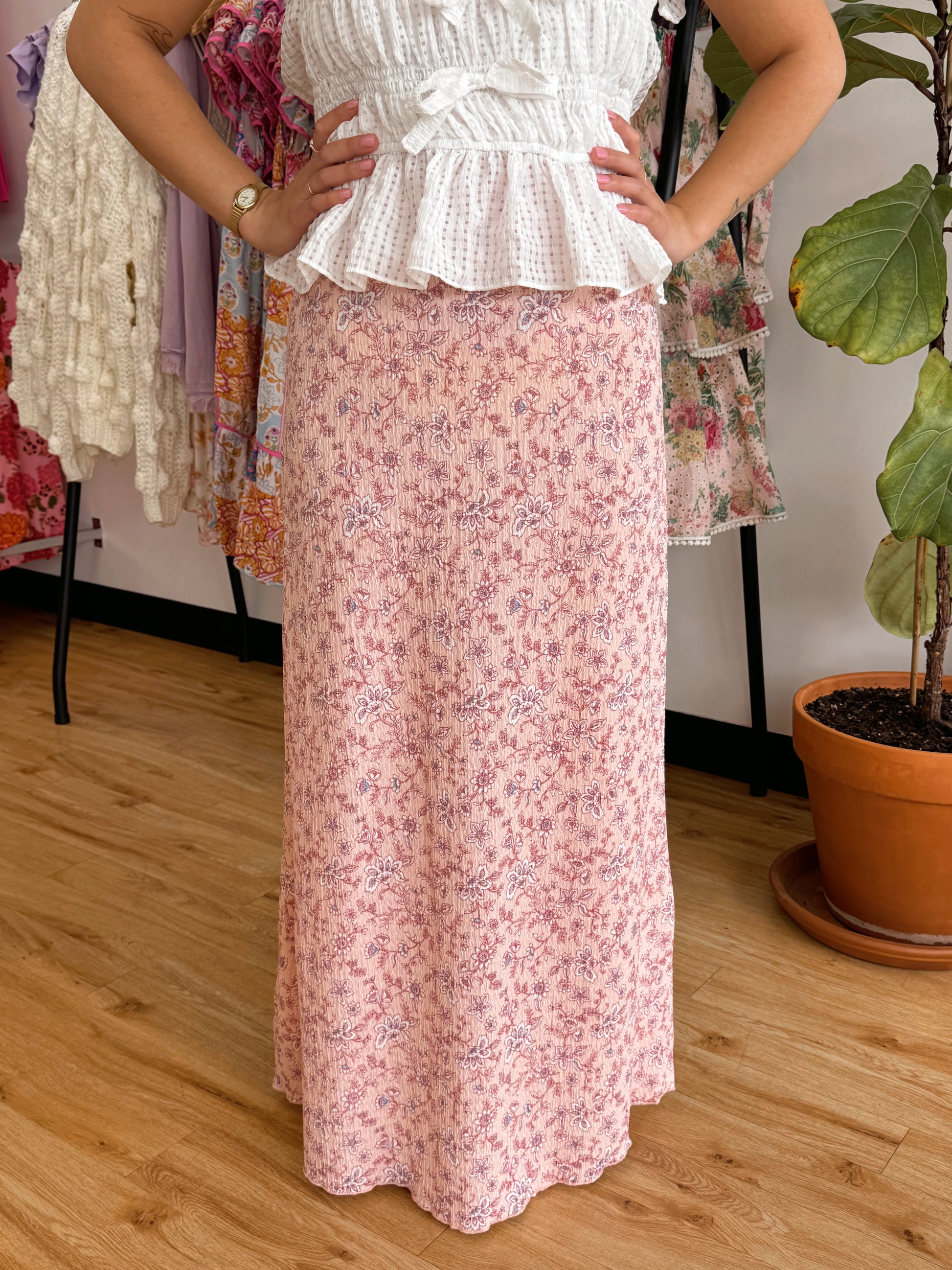 Textured Floral Midi Skirt Bottoms