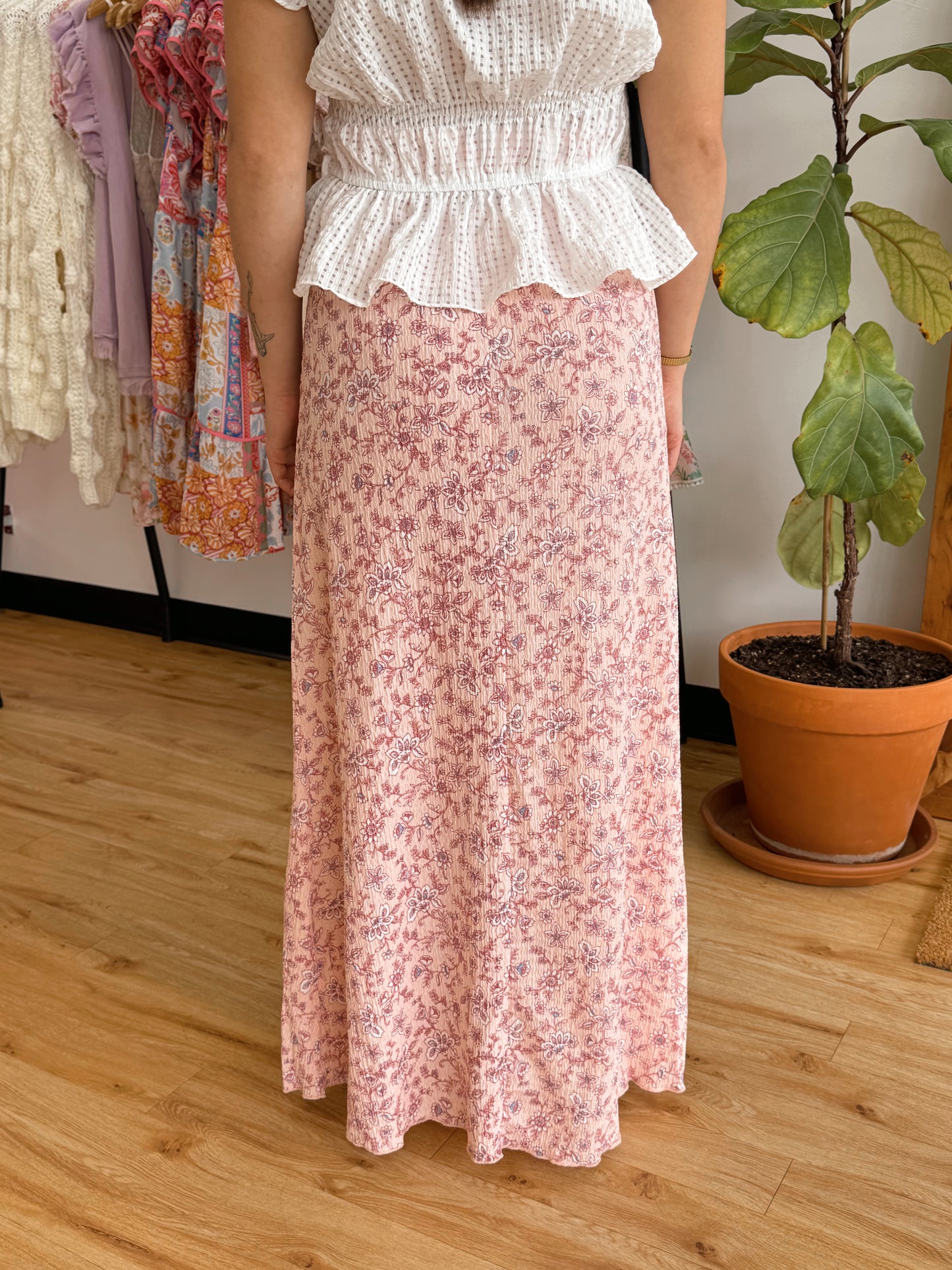 Textured Floral Midi Skirt Bottoms