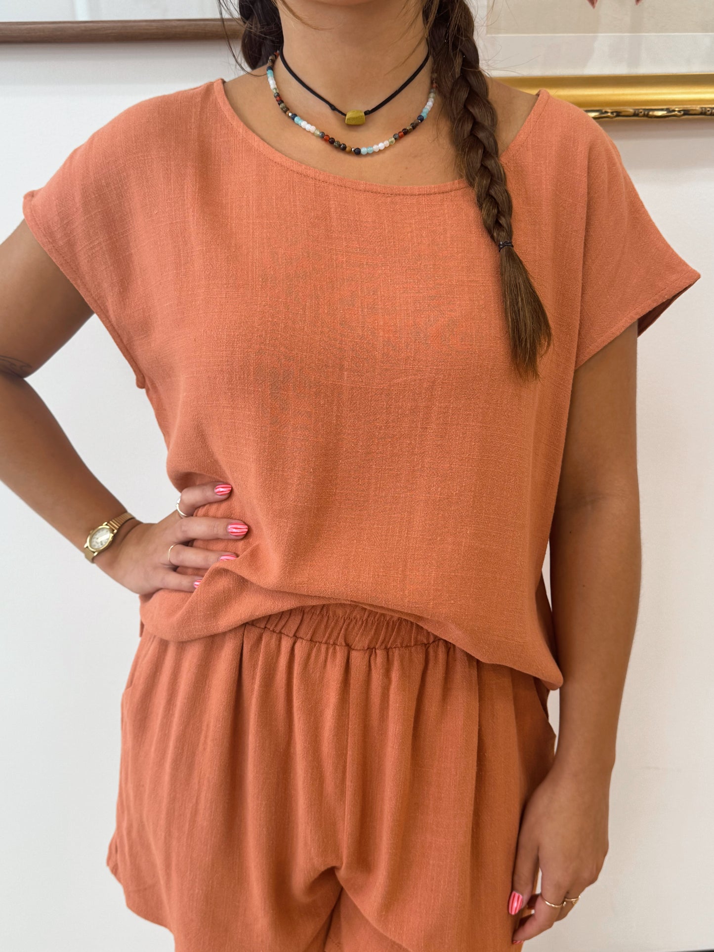 Terracotta Linen Boxy Top Shirts & Tops