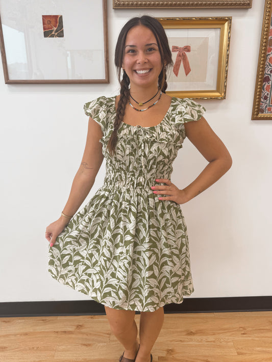 Olive Leaf Smocked Mini Dress Dress