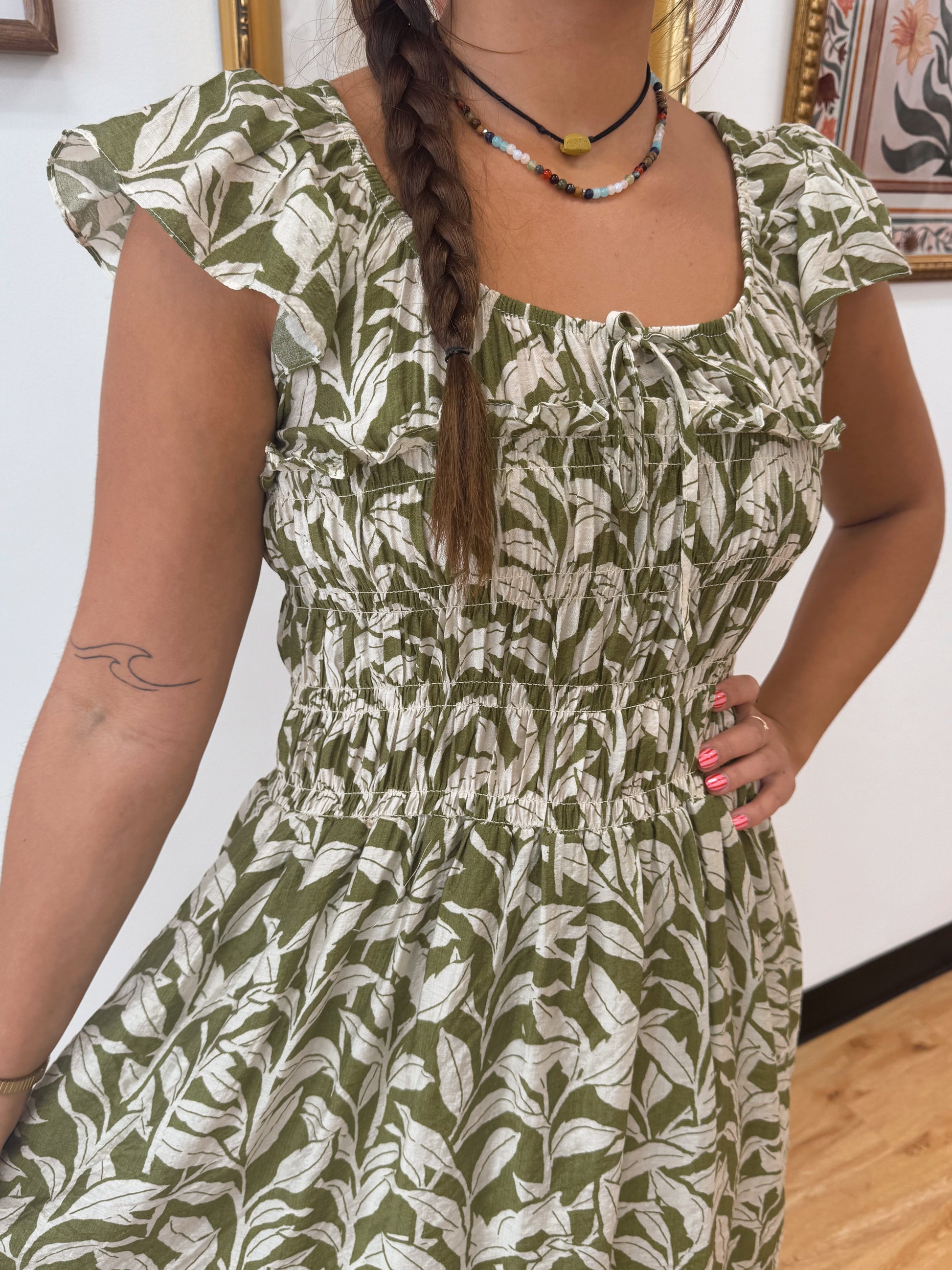 Olive Leaf Smocked Mini Dress Dress