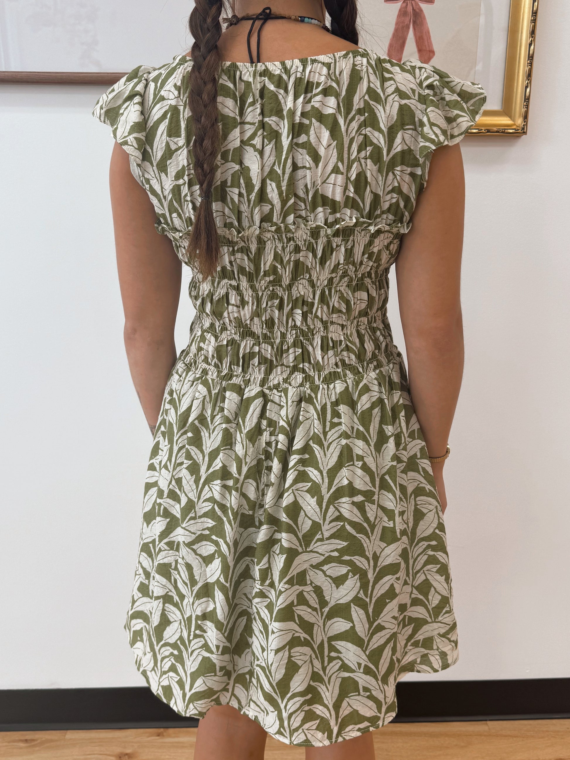 Olive Leaf Smocked Mini Dress Dress