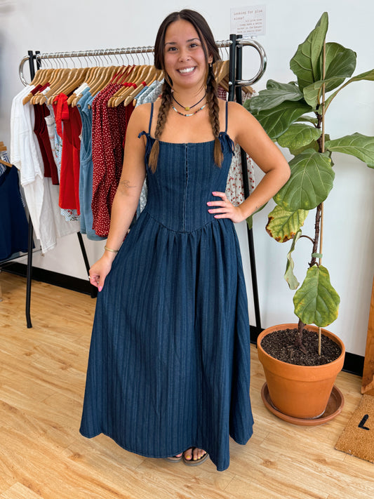 Bow Strap Denim Midi Dress Dress