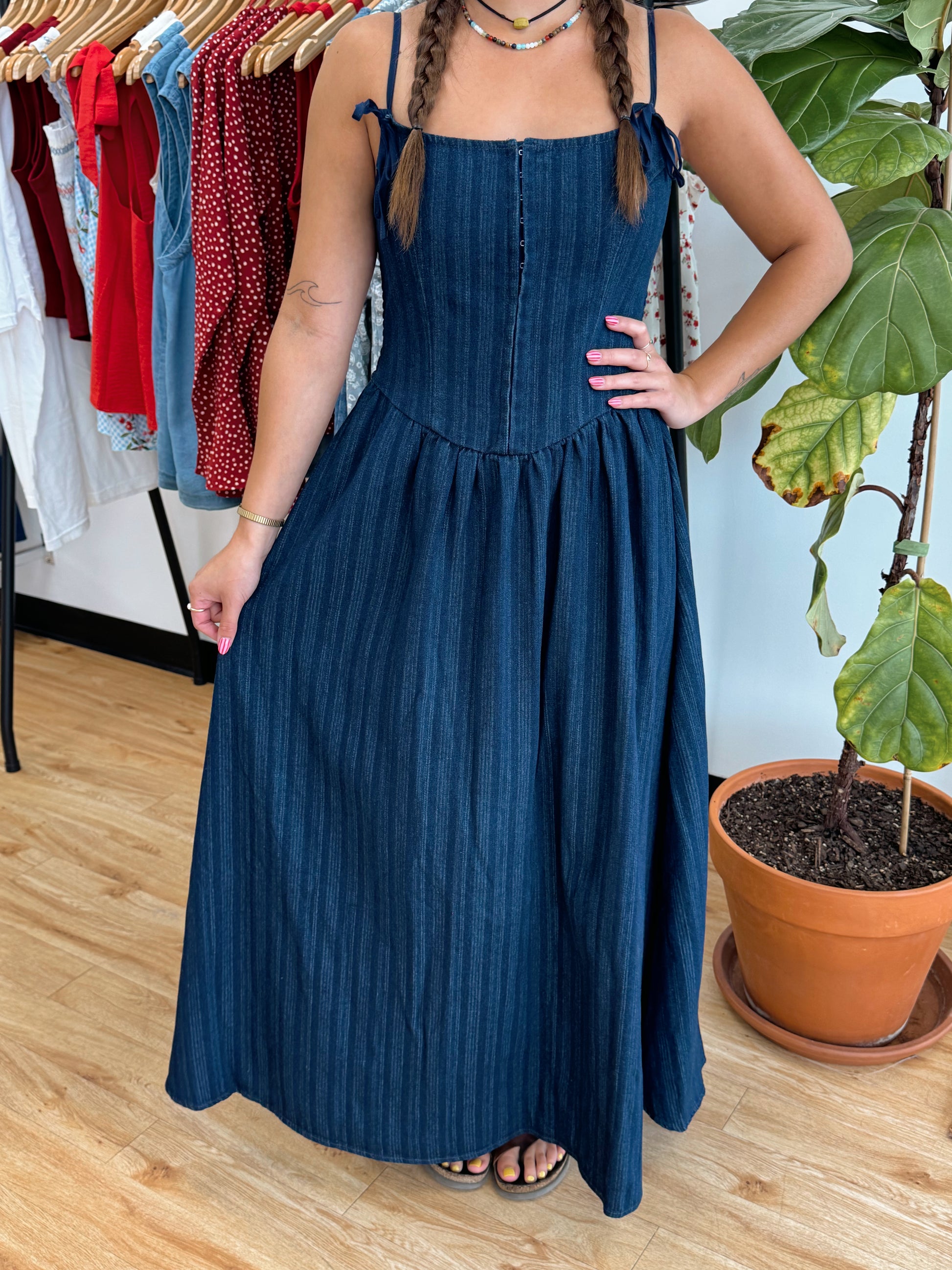 Bow Strap Denim Midi Dress Dress