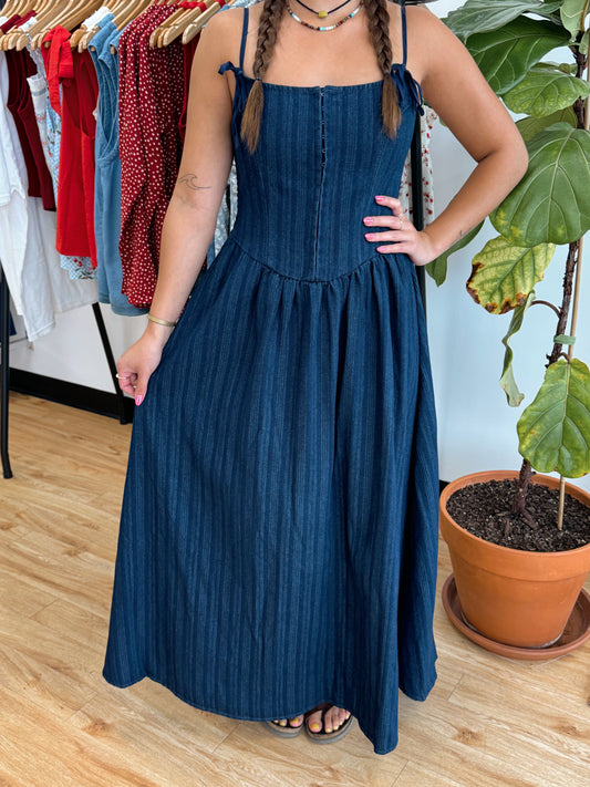 Bow Strap Denim Midi Dress Dress