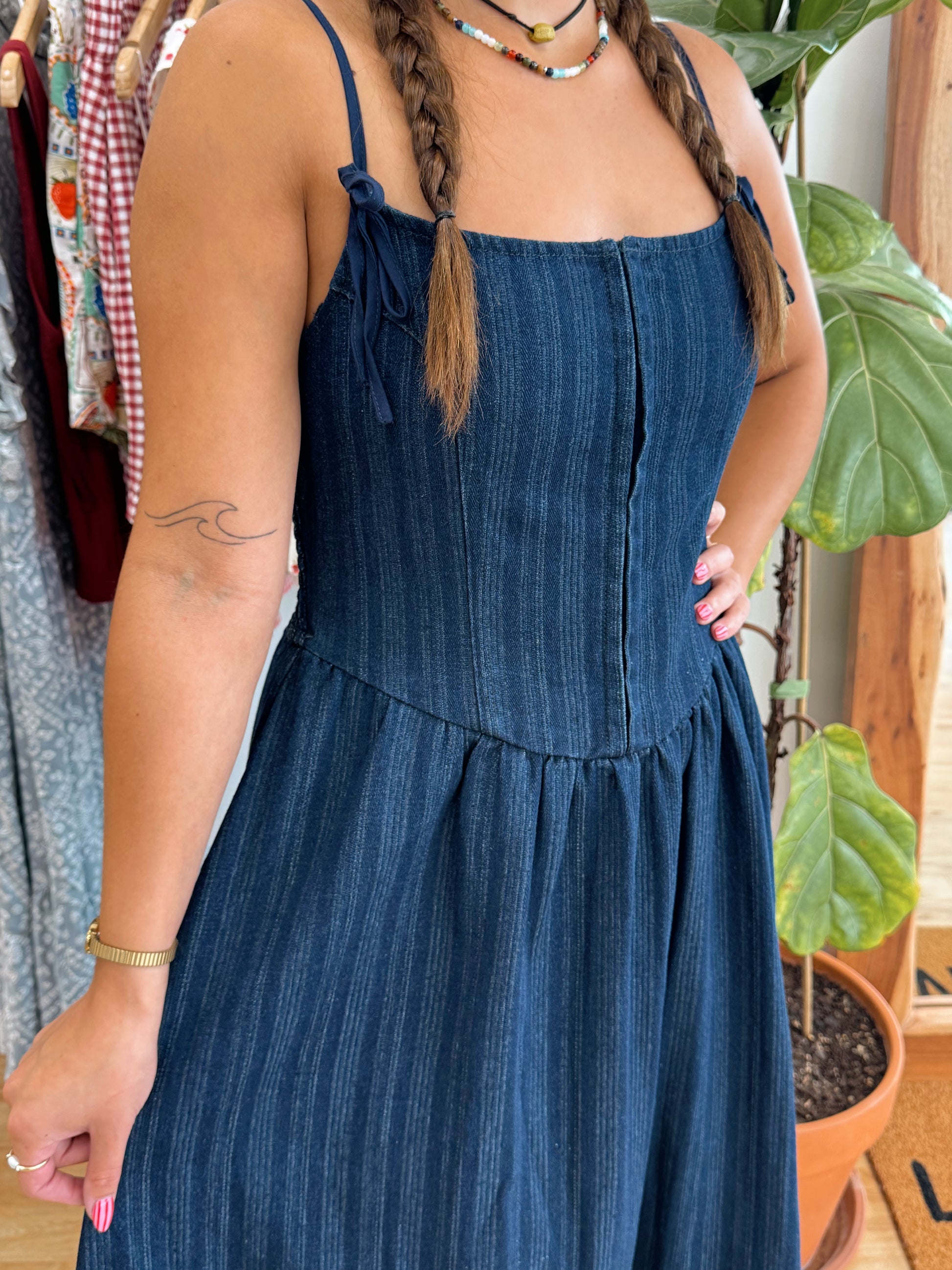 Bow Strap Denim Midi Dress Dress