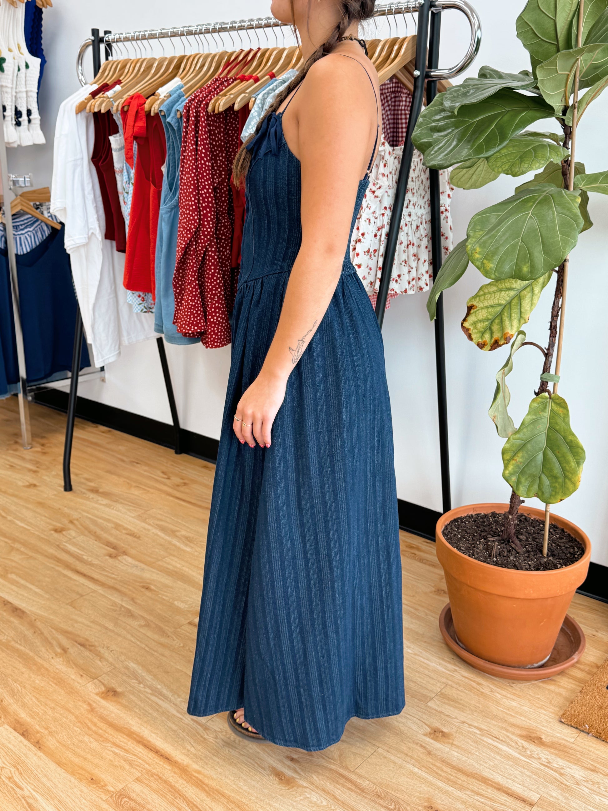 Bow Strap Denim Midi Dress Dress