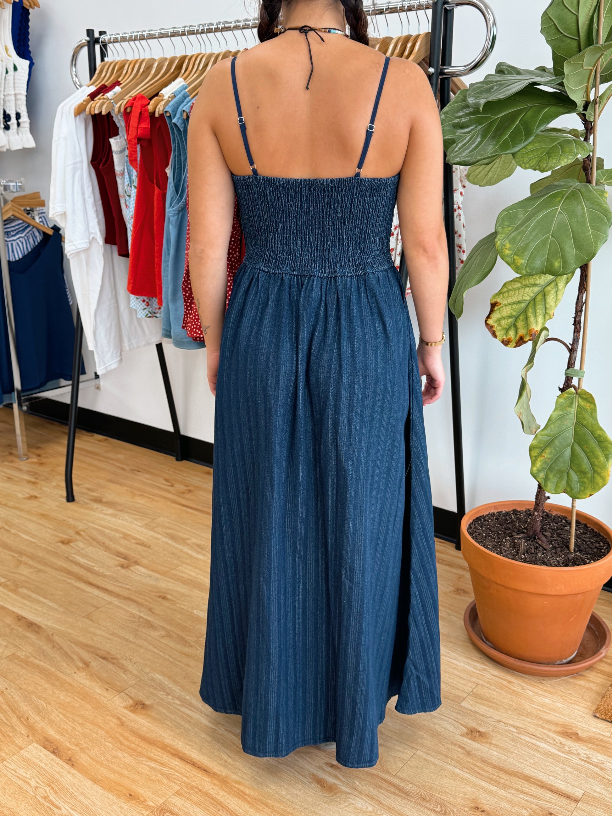 Bow Strap Denim Midi Dress Dress
