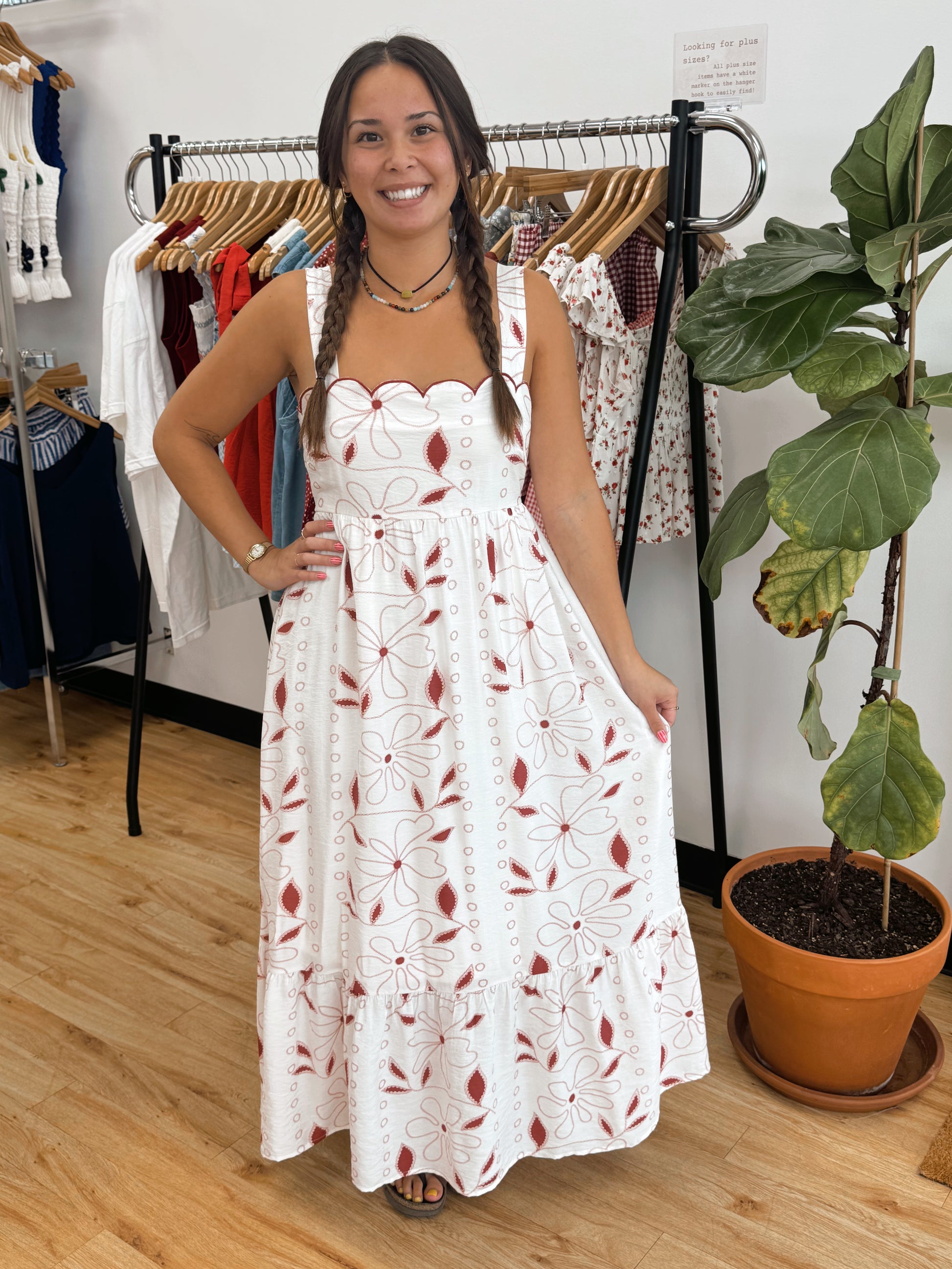 Embroidered Scallop Burgundy Dress Dress