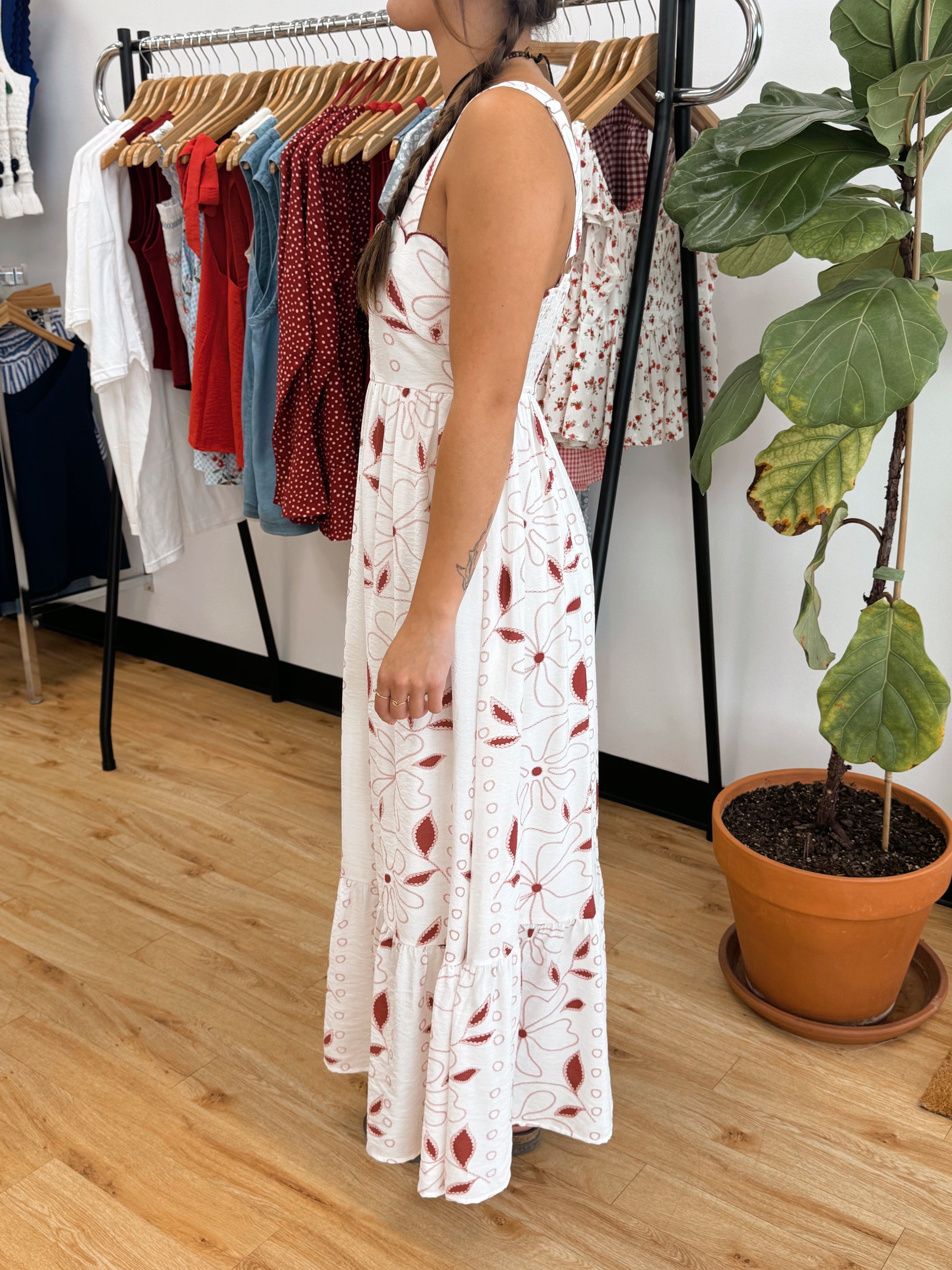 Embroidered Scallop Burgundy Dress Dress