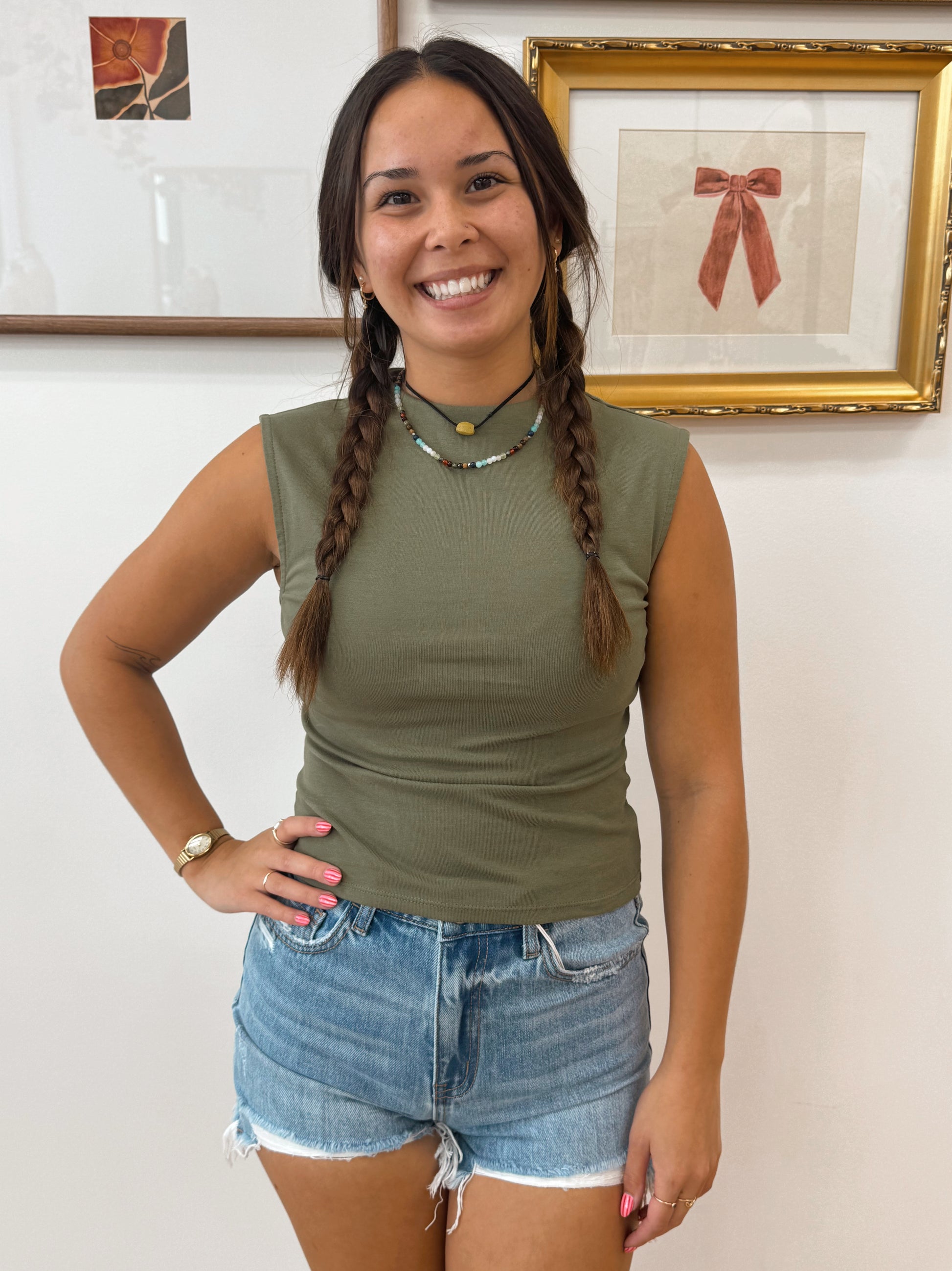 Olive Mock Neck Cropped Tank Shirts & Tops