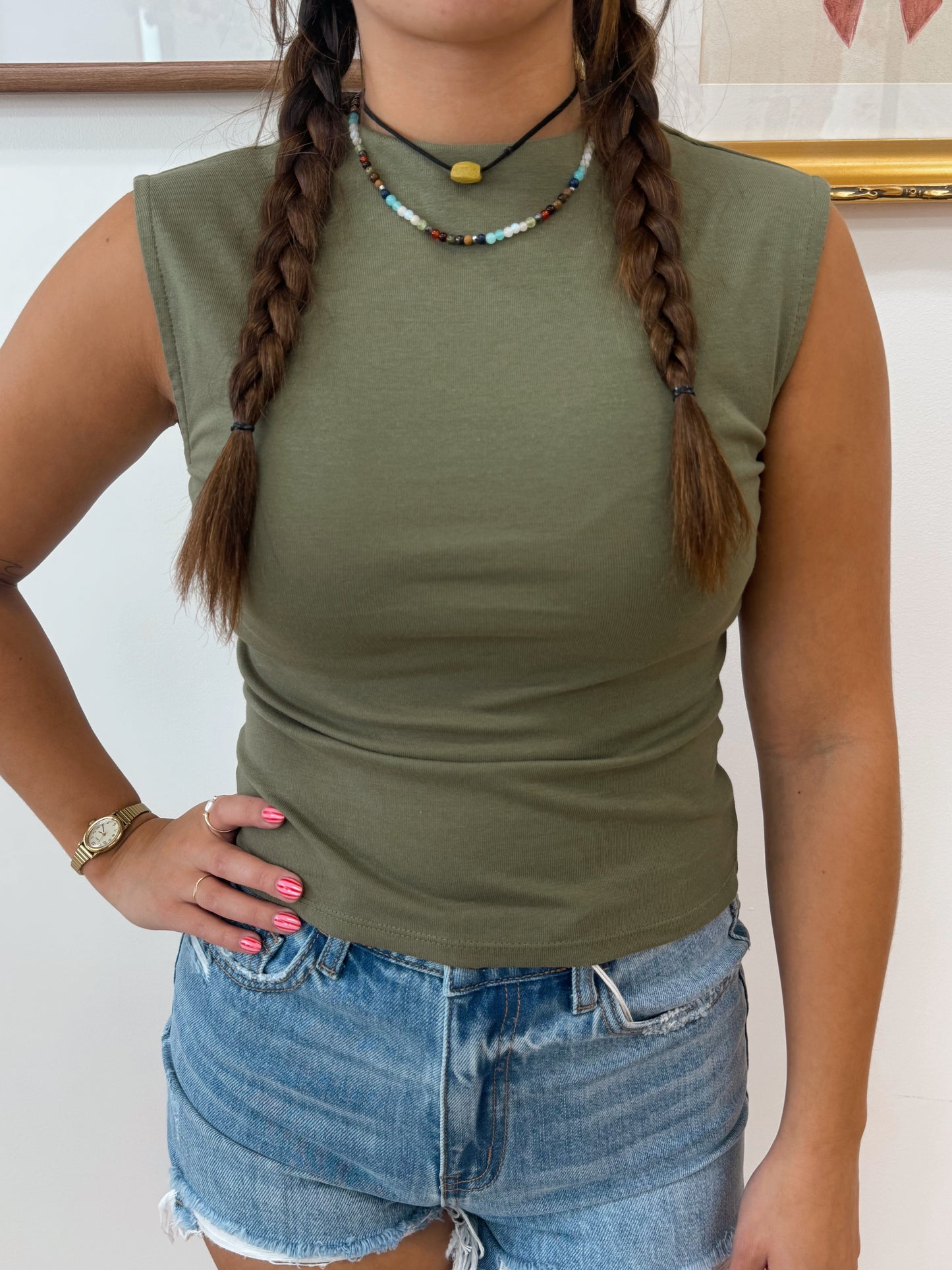 Olive Mock Neck Cropped Tank Shirts & Tops