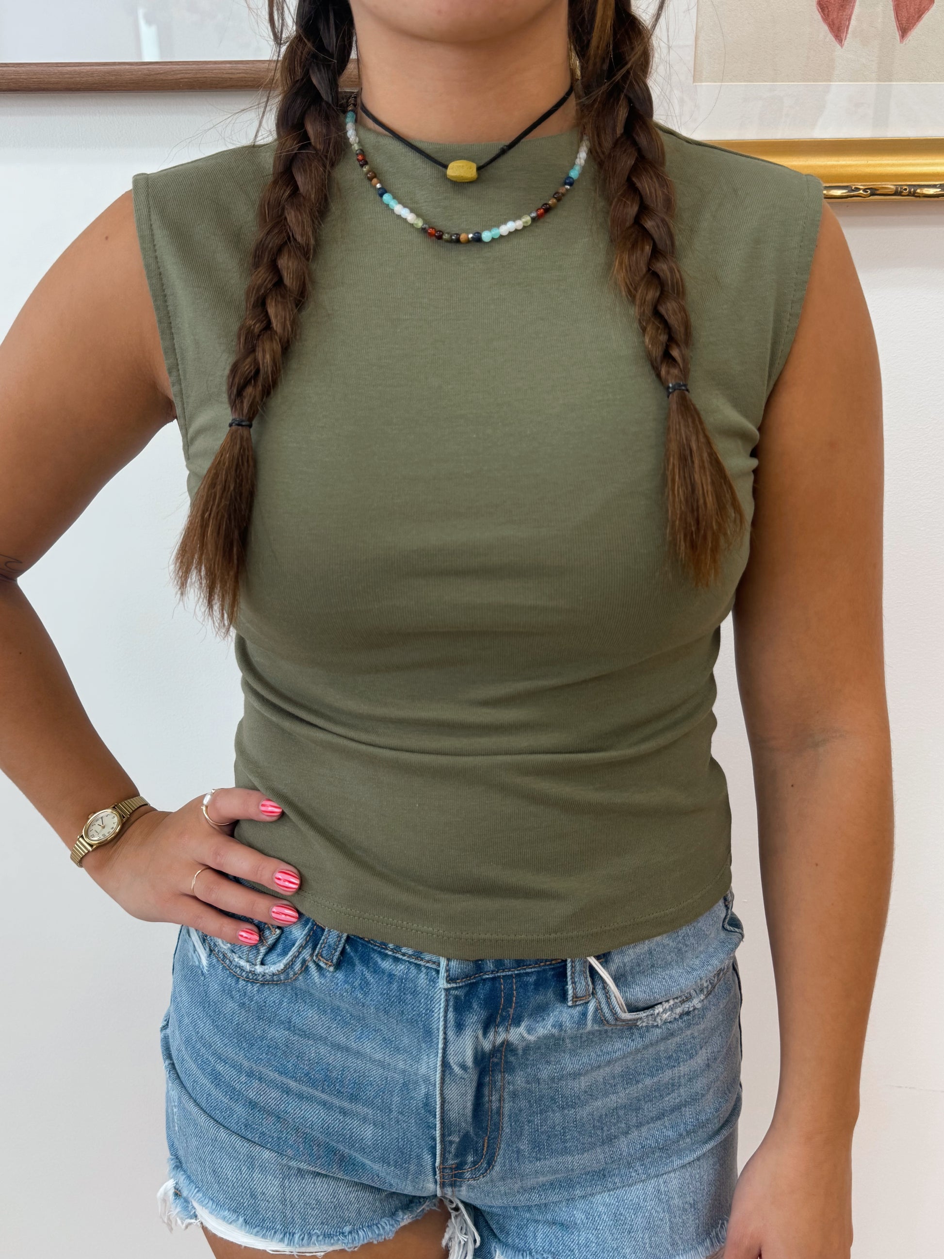 Olive Mock Neck Cropped Tank Shirts & Tops