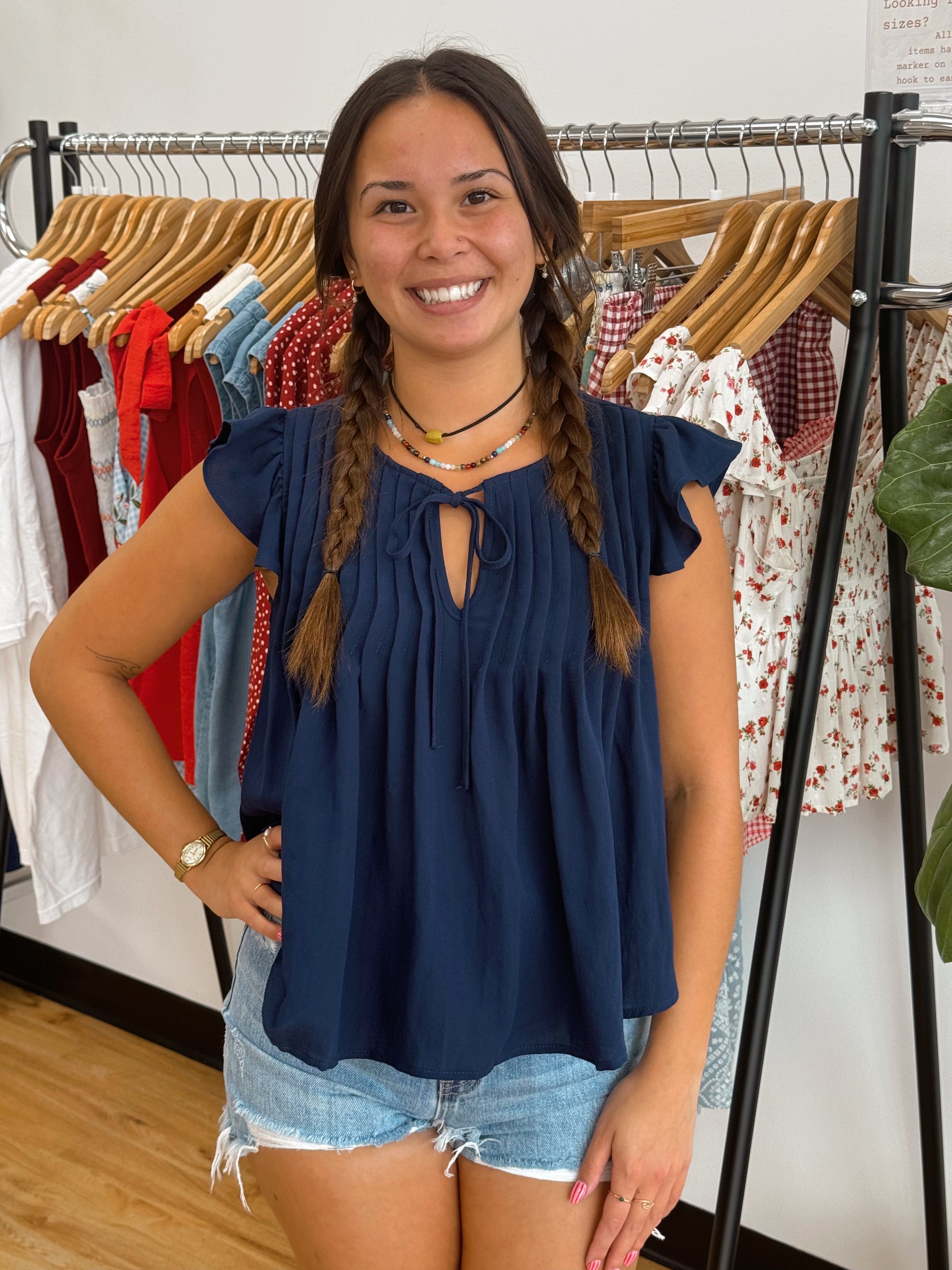 Navy Pleated Blouse Shirts & Tops