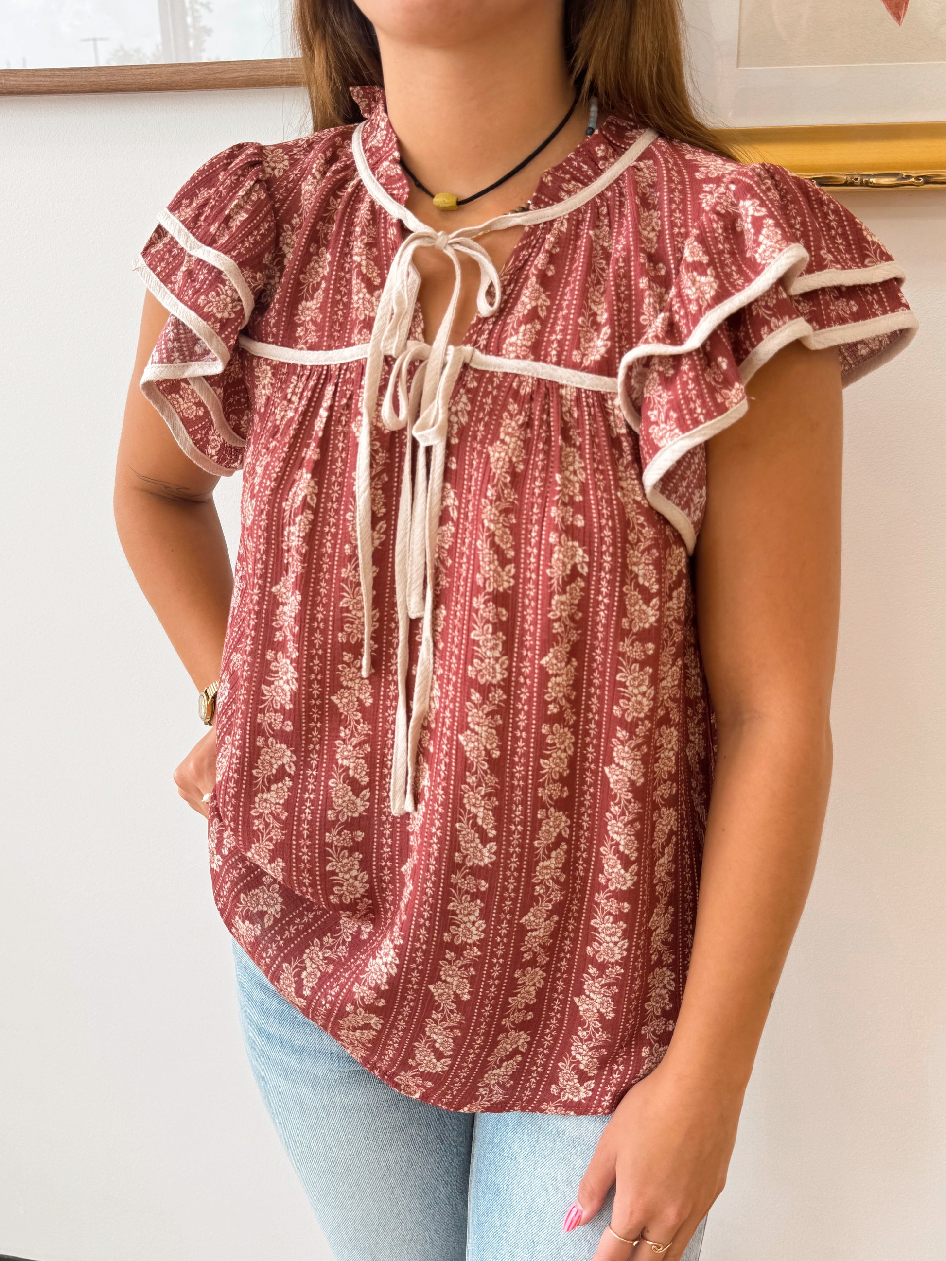 Floral Stripe Ruffle Sleeve Tie Top Shirts & Tops