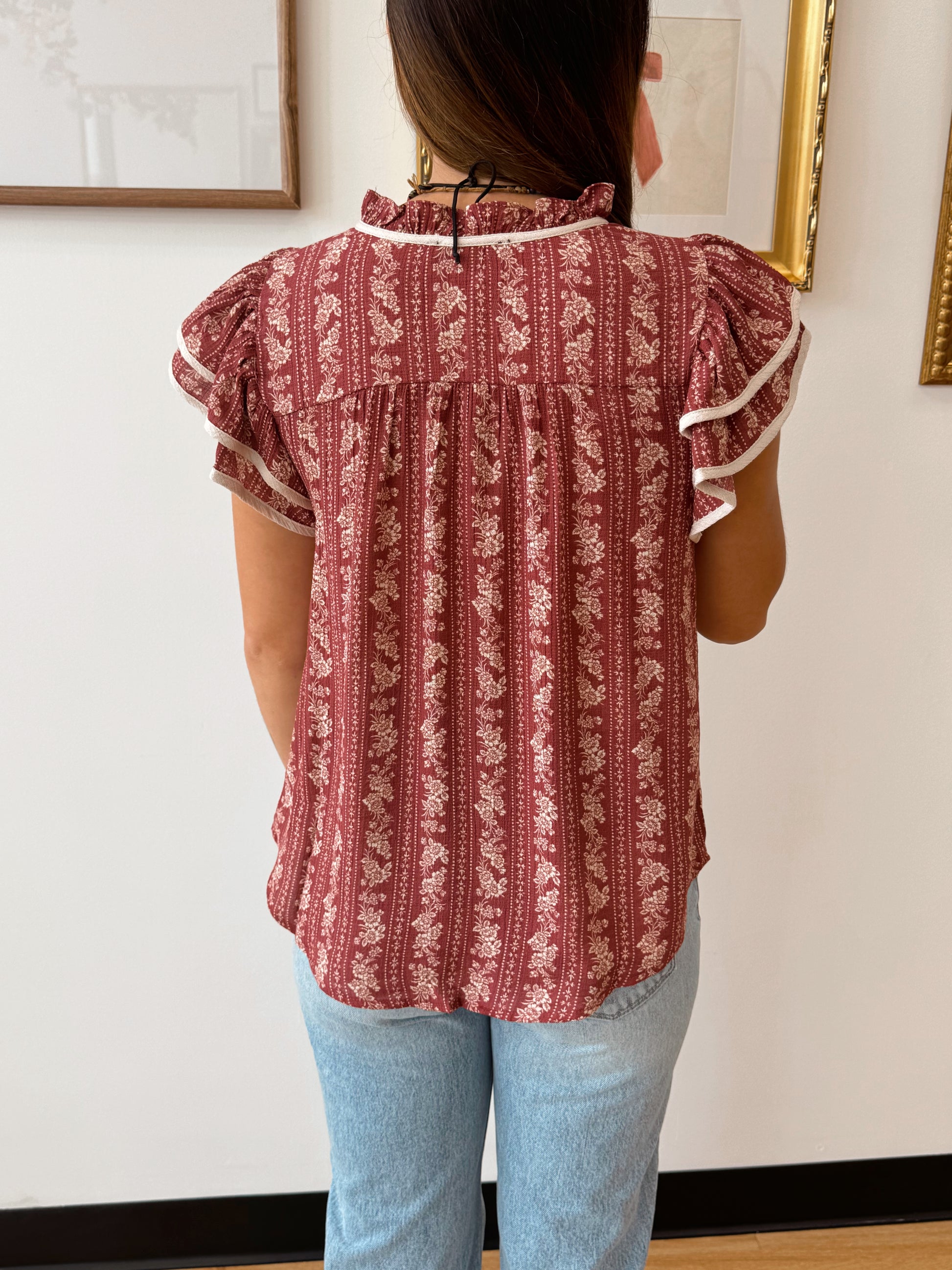 Floral Stripe Ruffle Sleeve Tie Top Shirts & Tops