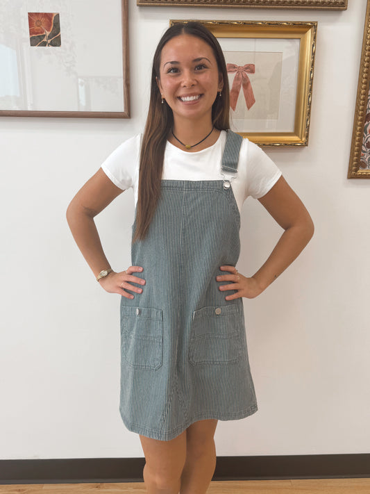 Striped Denim Overall Mini Dress Dress