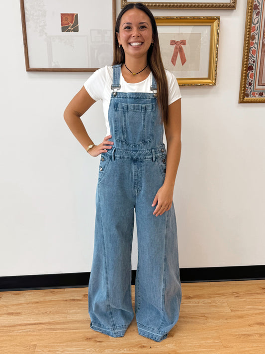 Vintage Wash Wide-Leg Denim Overalls Jumpsuit
