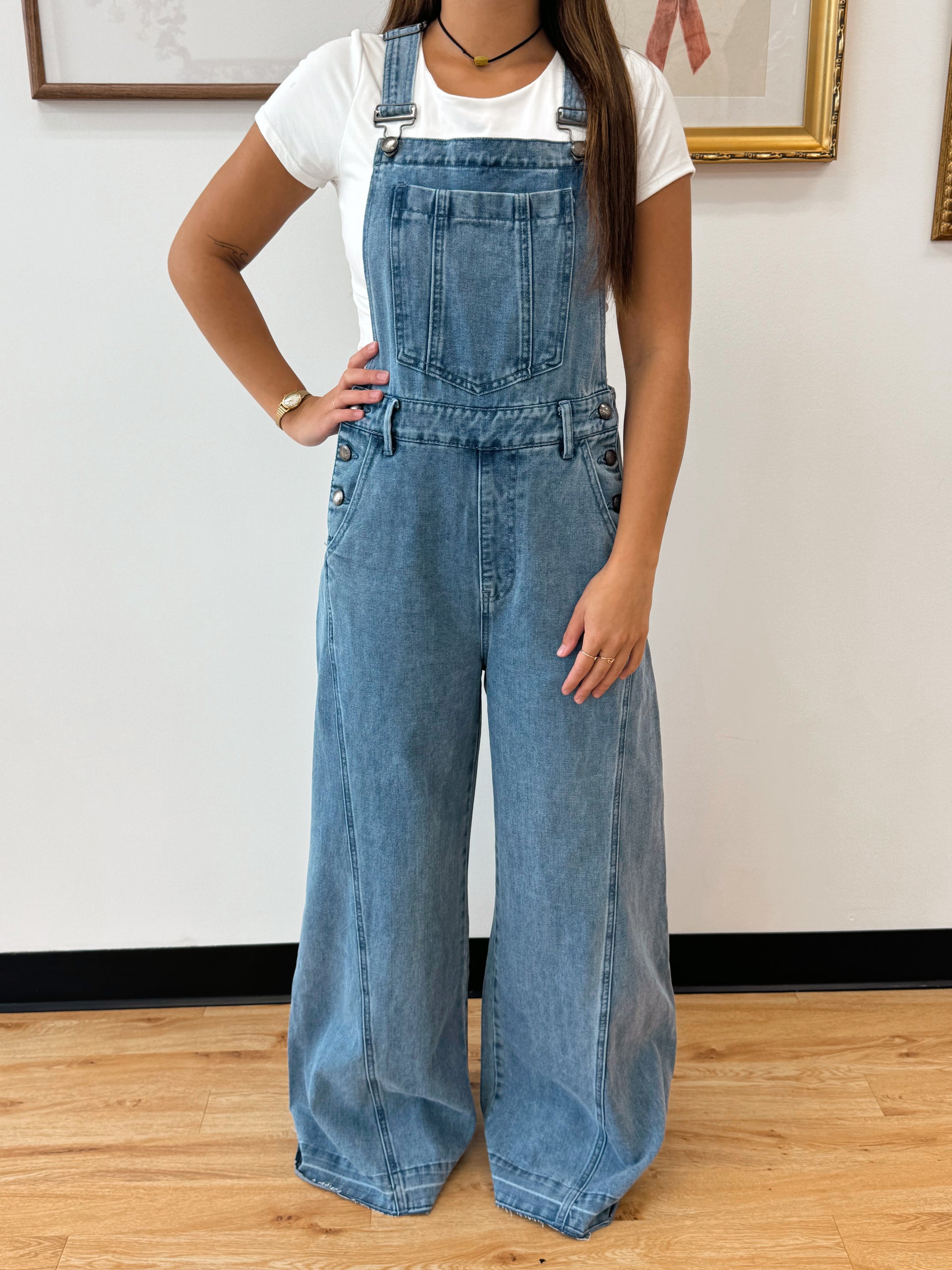 Vintage Wash Wide-Leg Denim Overalls Jumpsuit