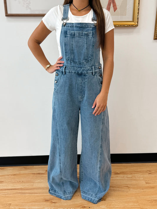 Vintage Wash Wide-Leg Denim Overalls Jumpsuit