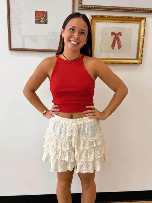Lace Tiered Ruffle Mini Shorts Shorts