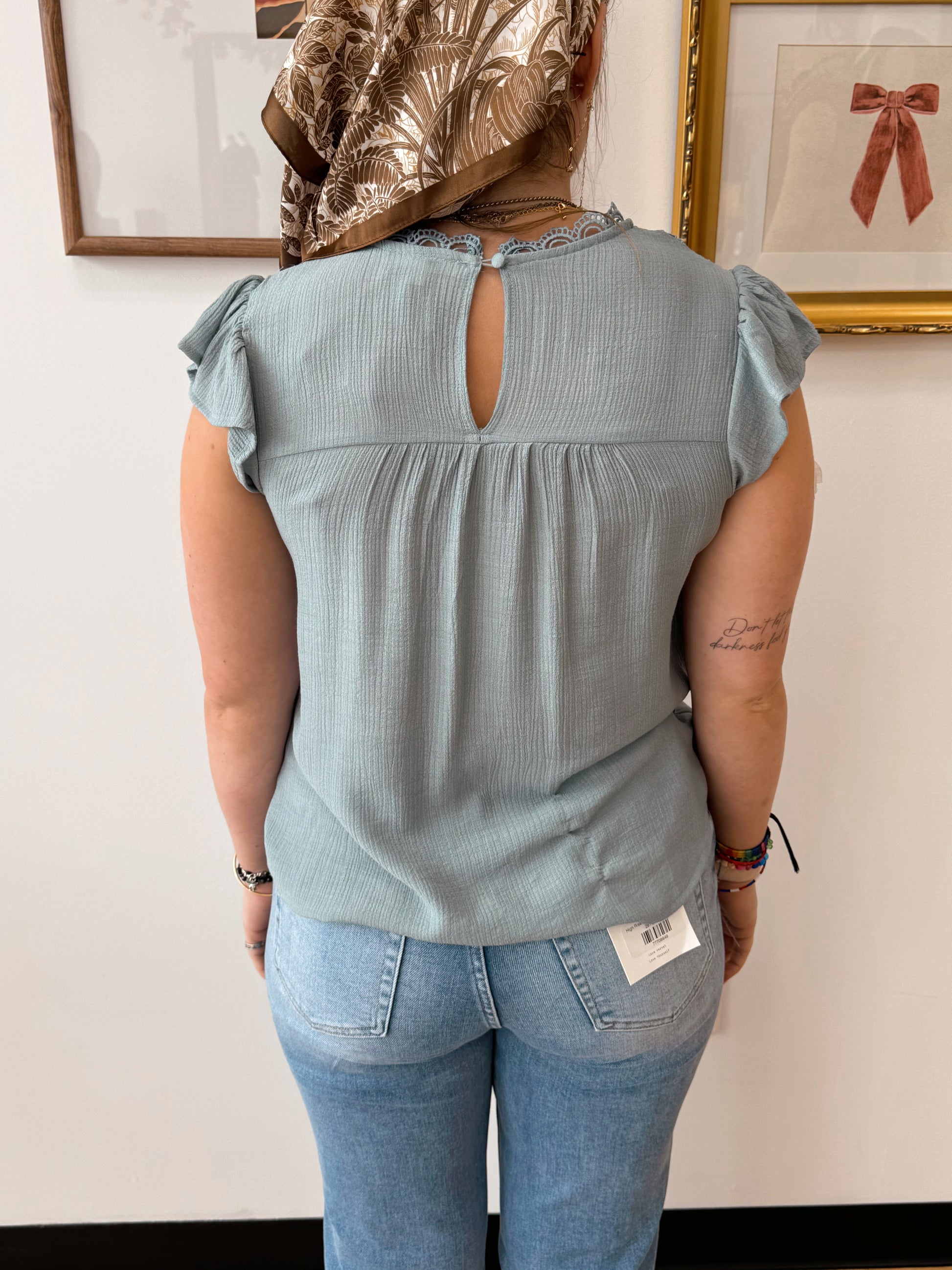 Lace Shoulder Scallop Trim Top Shirts & Tops