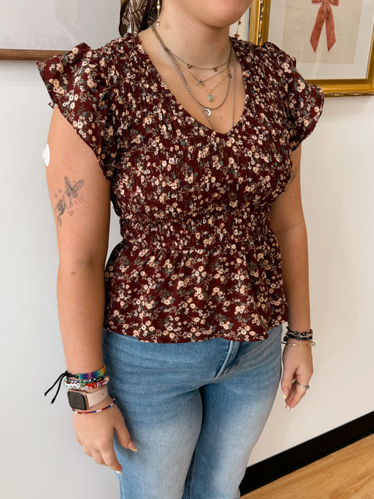 Burgundy Floral Smocked Top Shirts & Tops