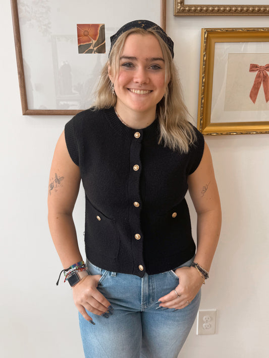 Gold Button Knit Vest – Black