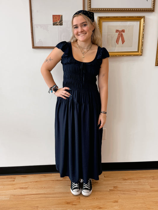Navy Shirred Midi Dress