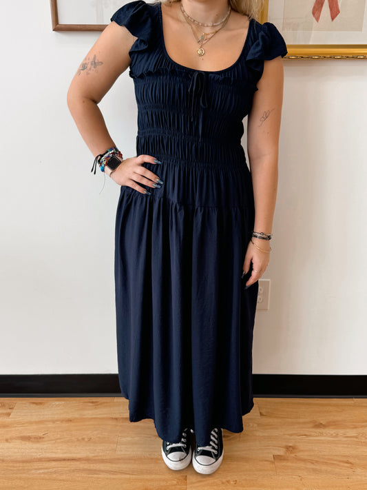 Navy Shirred Midi Dress