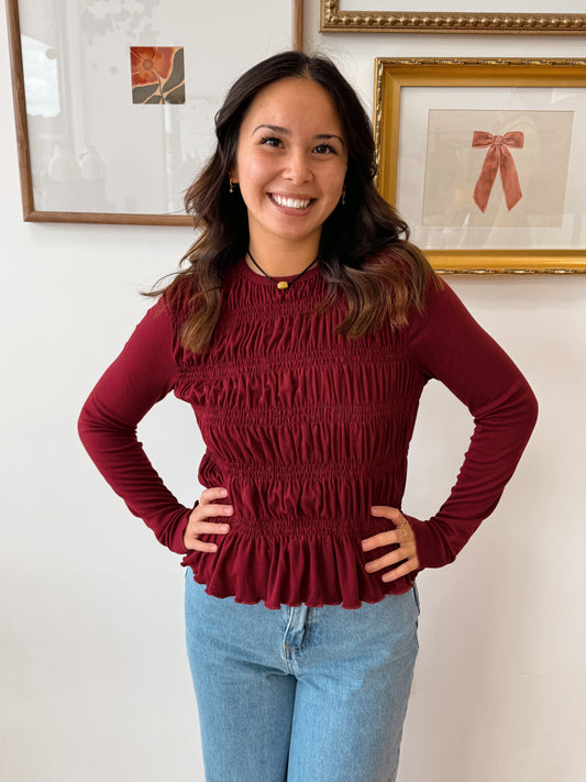 Burgundy Smocked Peplum Top