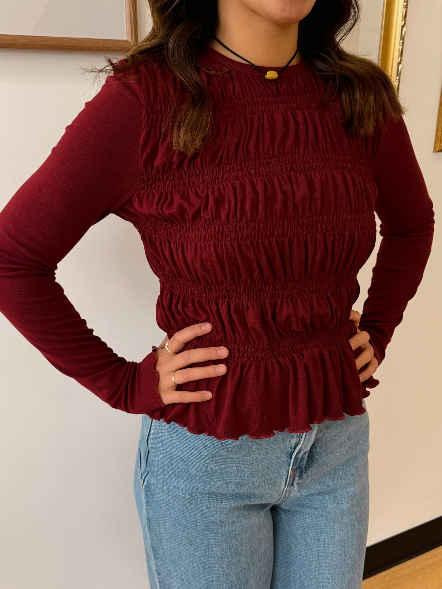 Burgundy Smocked Peplum Top