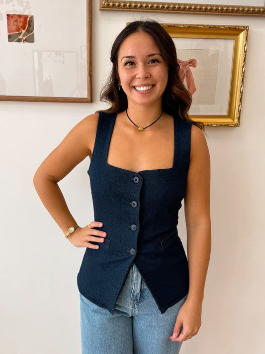 Dark Denim Button-Down Vest Shirts & Tops
