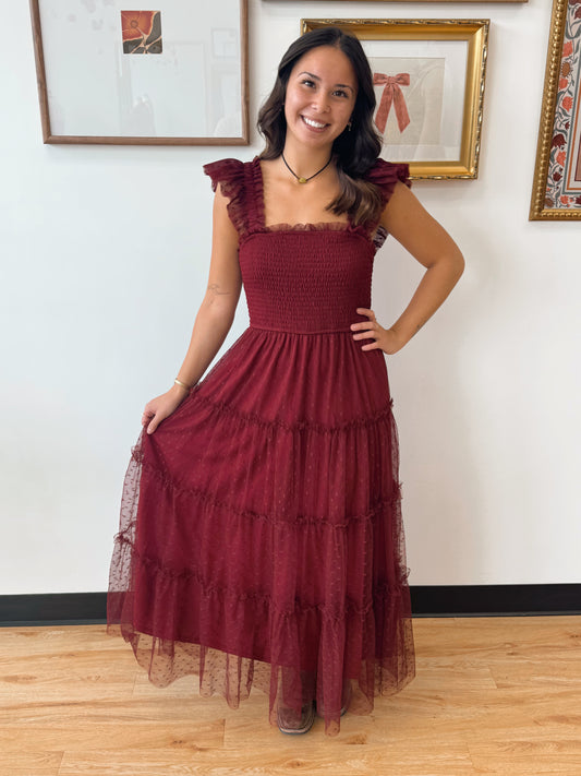 Burgundy Tulle Midi Dress Dress