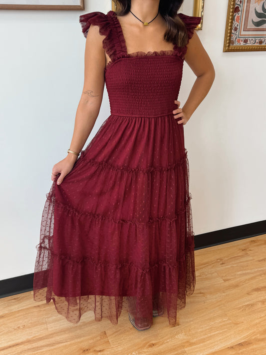 Burgundy Tulle Midi Dress Dress