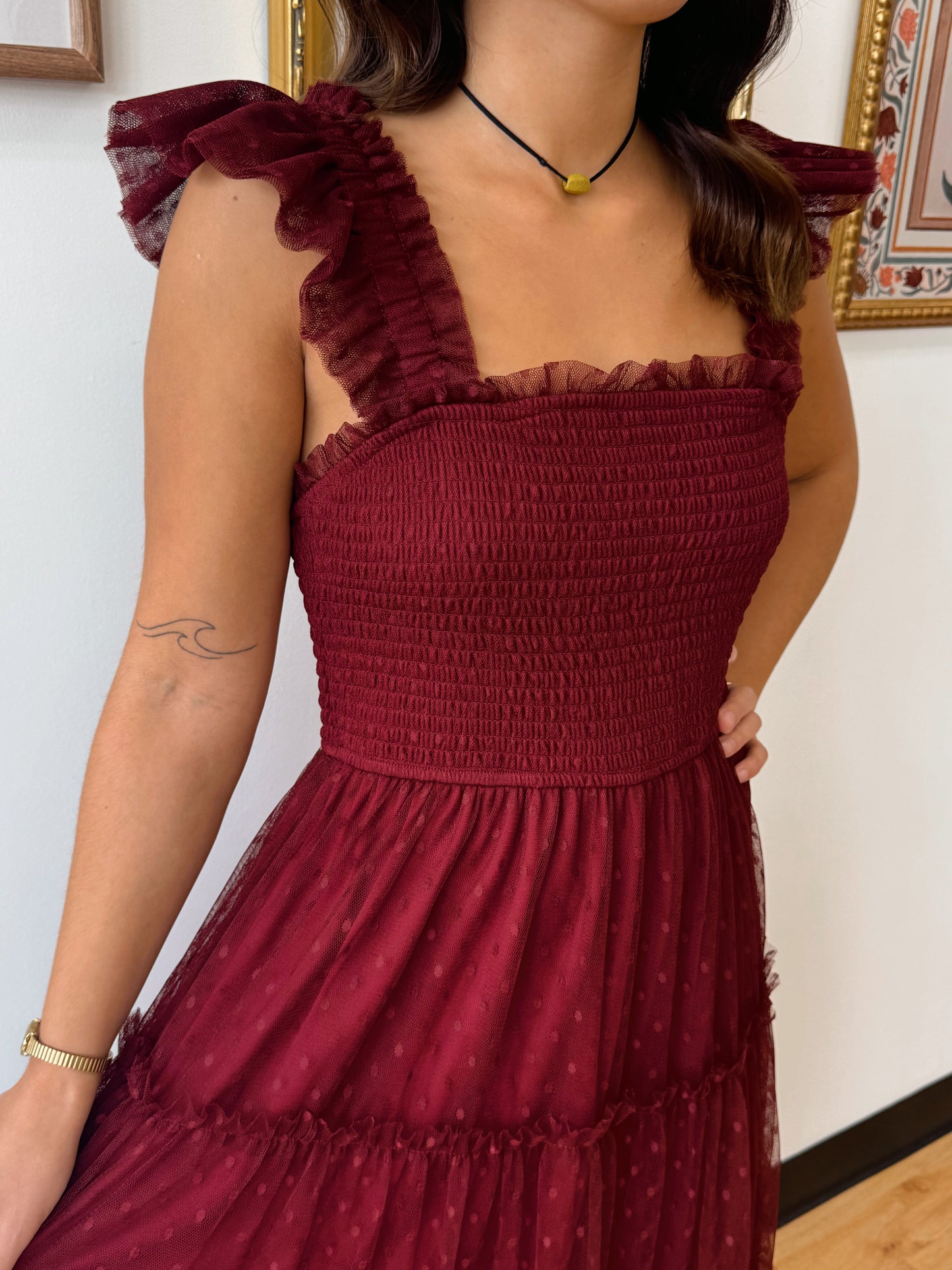 Burgundy Tulle Midi Dress Dress