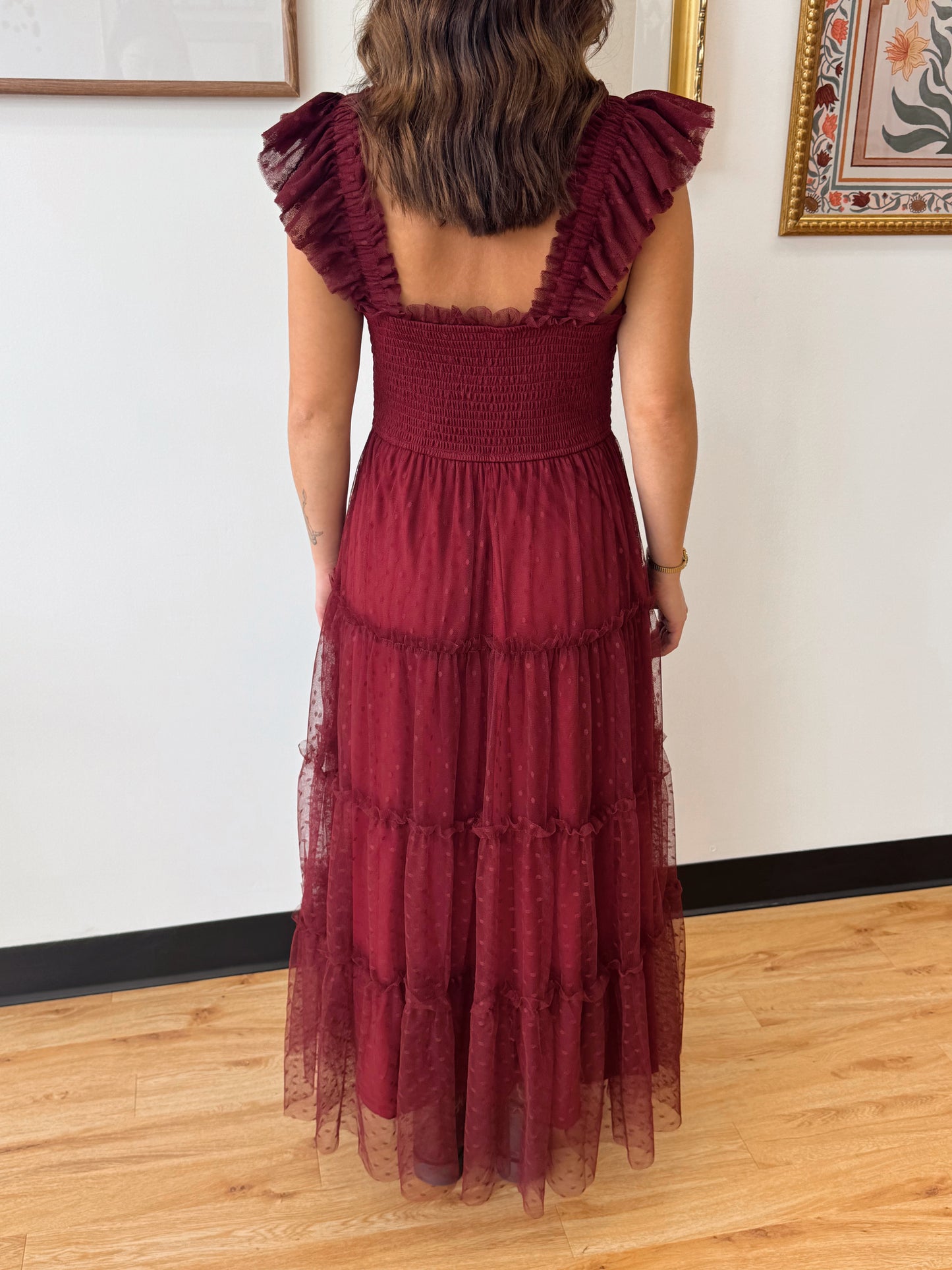 Burgundy Tulle Midi Dress Dress